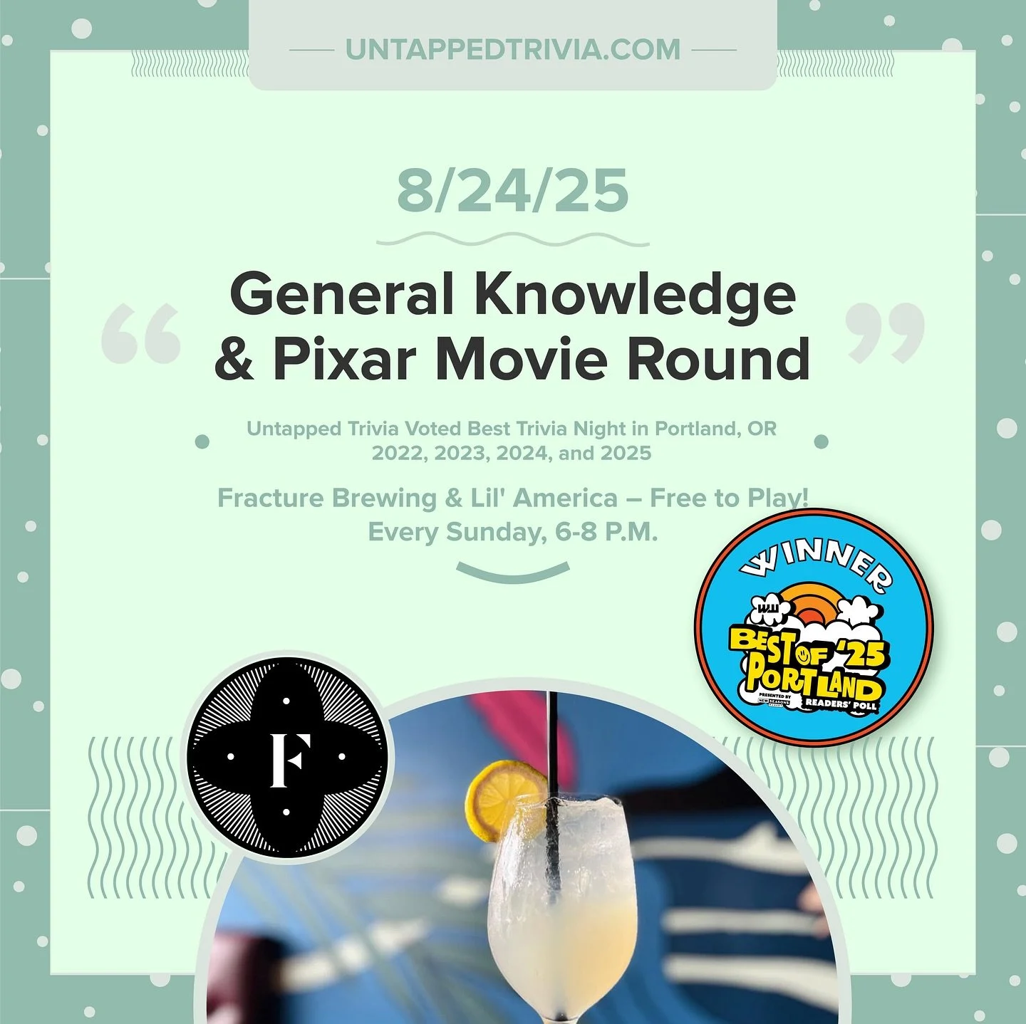 On Tap for 8/24/25 &mdash; Join us for trivia on the patio at @lilamericapdx and @fracturebrewing 6-8 p.m. for four rounds of trivia (with audio round), tasty eats and treats!!
&hellip;
🎤 In-Person 6-8 p.m.: @untappedtrivia is always free to play wi