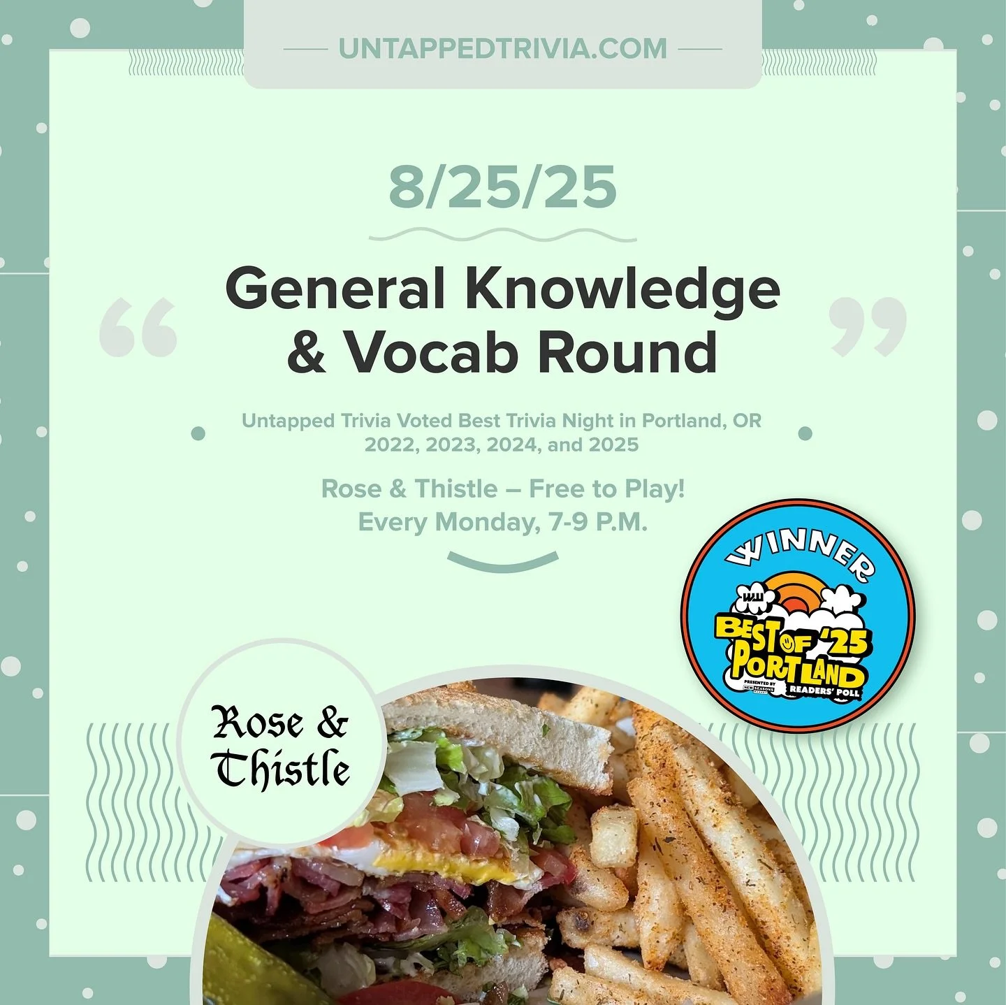 On Tap for 8/25/25 &mdash; Free to play @untappedtrivia at @pdx_roseandthistle . The evening will include four rounds of trivia.
&hellip;
🎤 In-Person 7-9 p.m.: @untappedtrivia is always free to play with prizes for the top 3 teams!
...
@pdx_roseandt