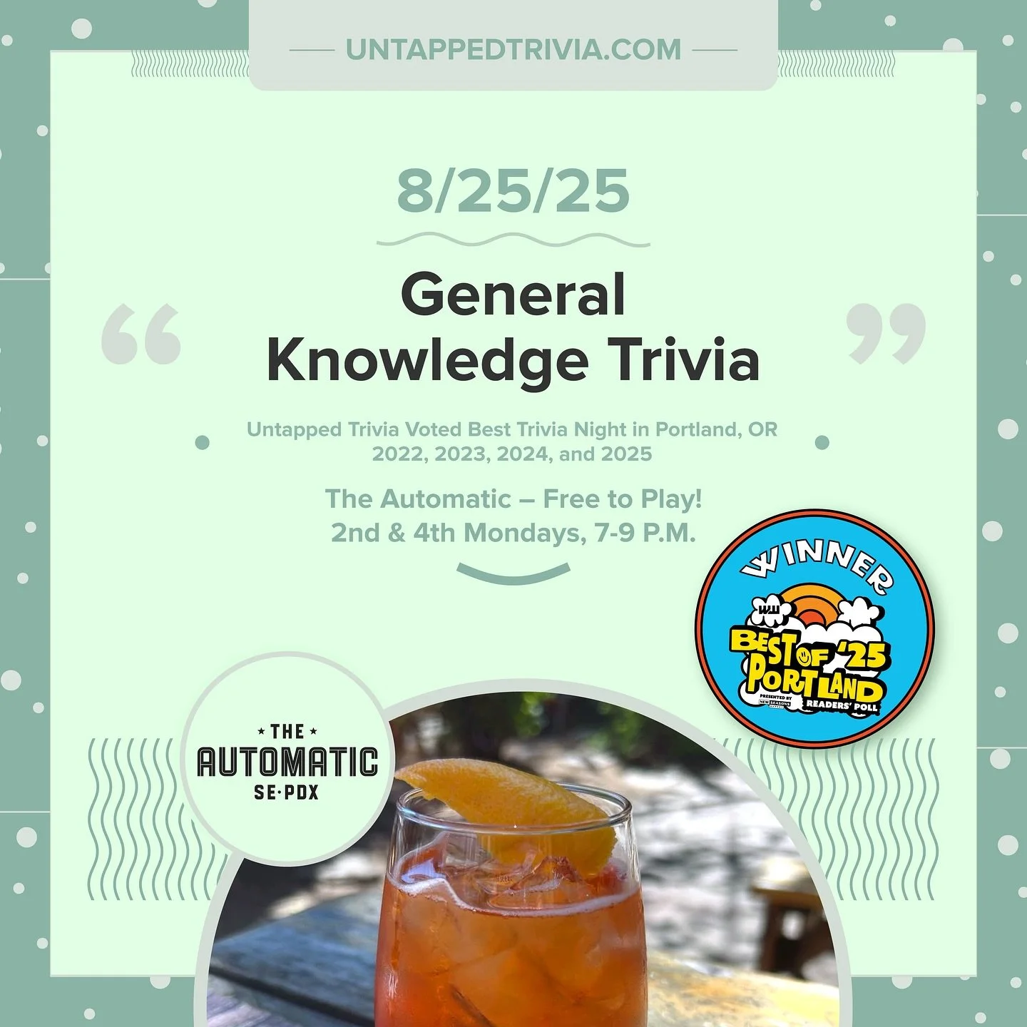On Tap for 8/25/25&mdash; 1st &amp; 3rd Mondays at @theautomaticbar ! Four rounds of free trivia, delicious eats, cocktails, slushies, craft beer and more!!
&hellip;
🎤 In-Person 7-9 p.m.: @untappedtrivia is always free to play with prizes for the to
