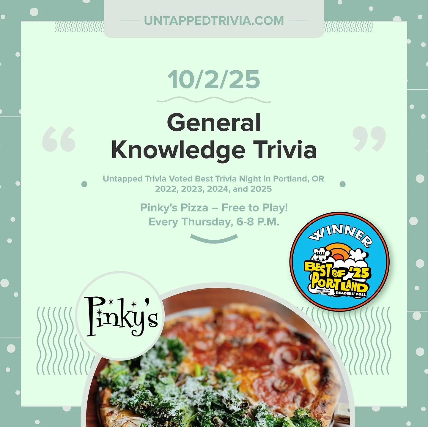 On Tap for 10/2/25 &mdash; @pinkys.pizza is back from Chicago! Join us for free @untappedtrivia four rounds of trivia. with audio round, and prizes. Pizza, cocktails, whiskey, and amazing local brews!
&hellip;
🎤 In-Person 6-8 p.m.: @untappedtrivia i