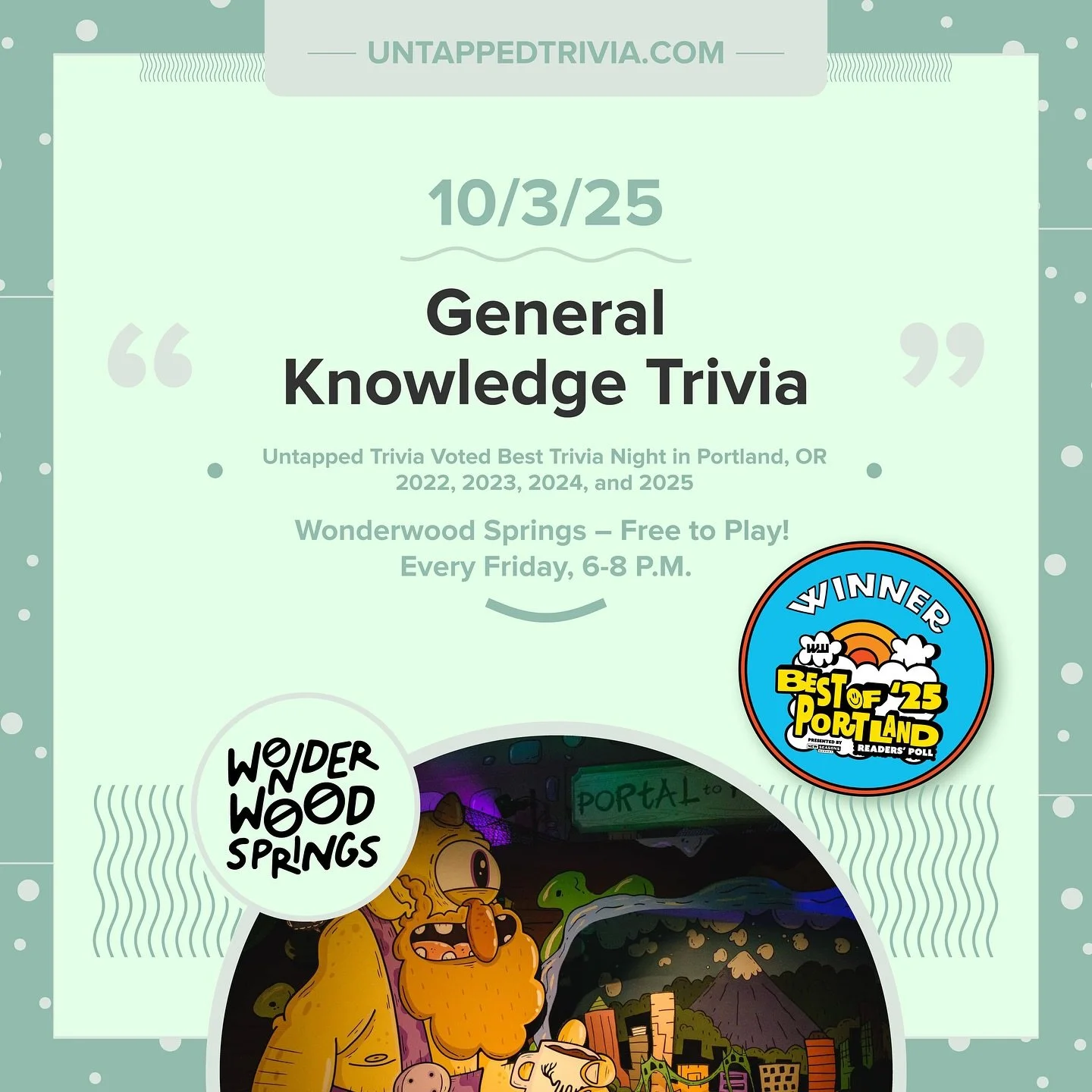 On Tap for 10/3/25 &mdash; Free Friday Trivia at @wonderwoodsprings four rounds (with audio round)!! Soft serve, local brews, and delicious eats! Prizes for the top 3 teams and extra prizes by @beesandbeanspdx every Friday!!
&hellip;
🎤 In-Person 6-8