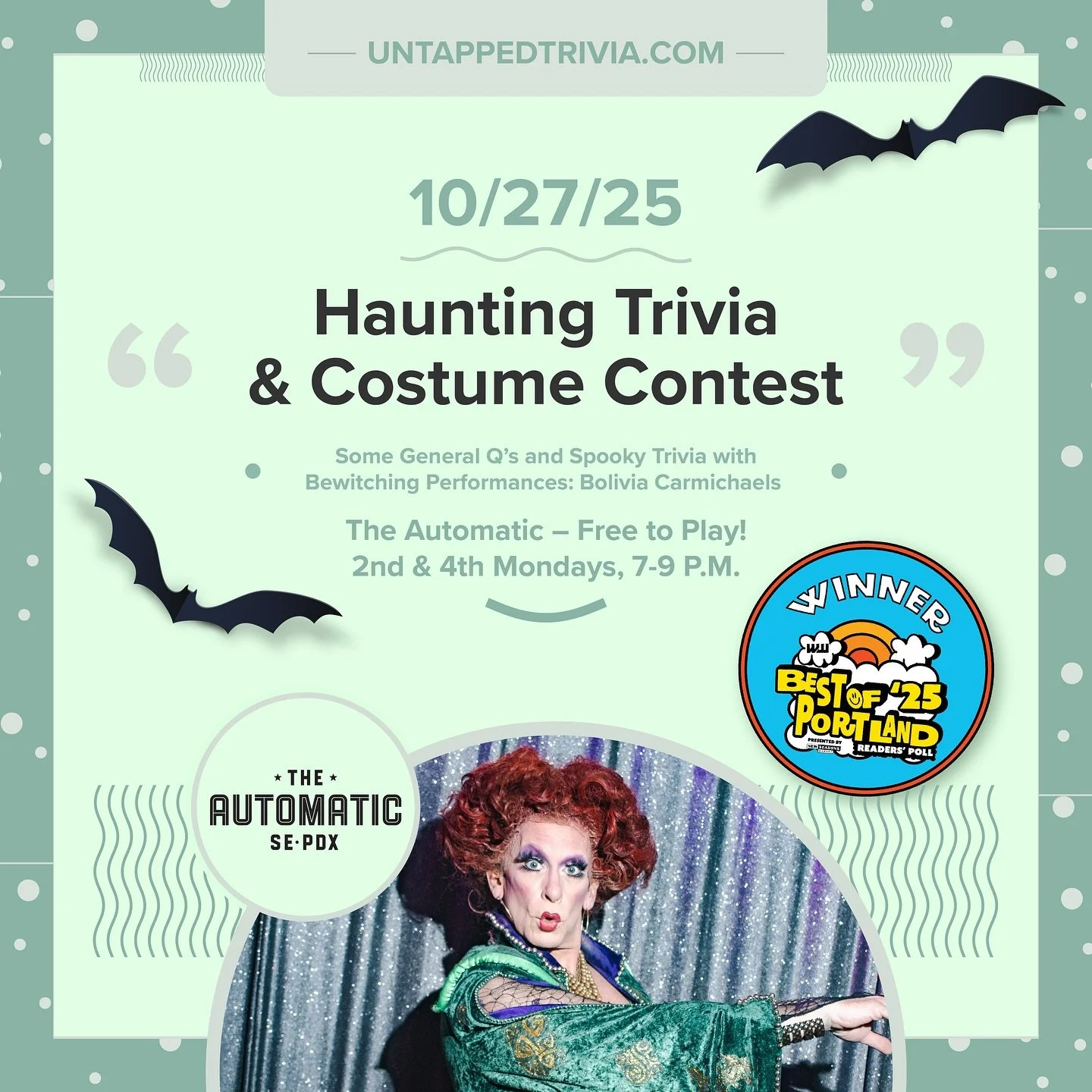 On Tap for 10/27/25&mdash; Join us at @theautomaticbar on Division Street for four rounds of free trivia (general q&rsquo;s and spooky 👻 rounds), bewitching drag by the @boliviacarmichaels , costume contest , delicious eats, cocktails, craft beer an