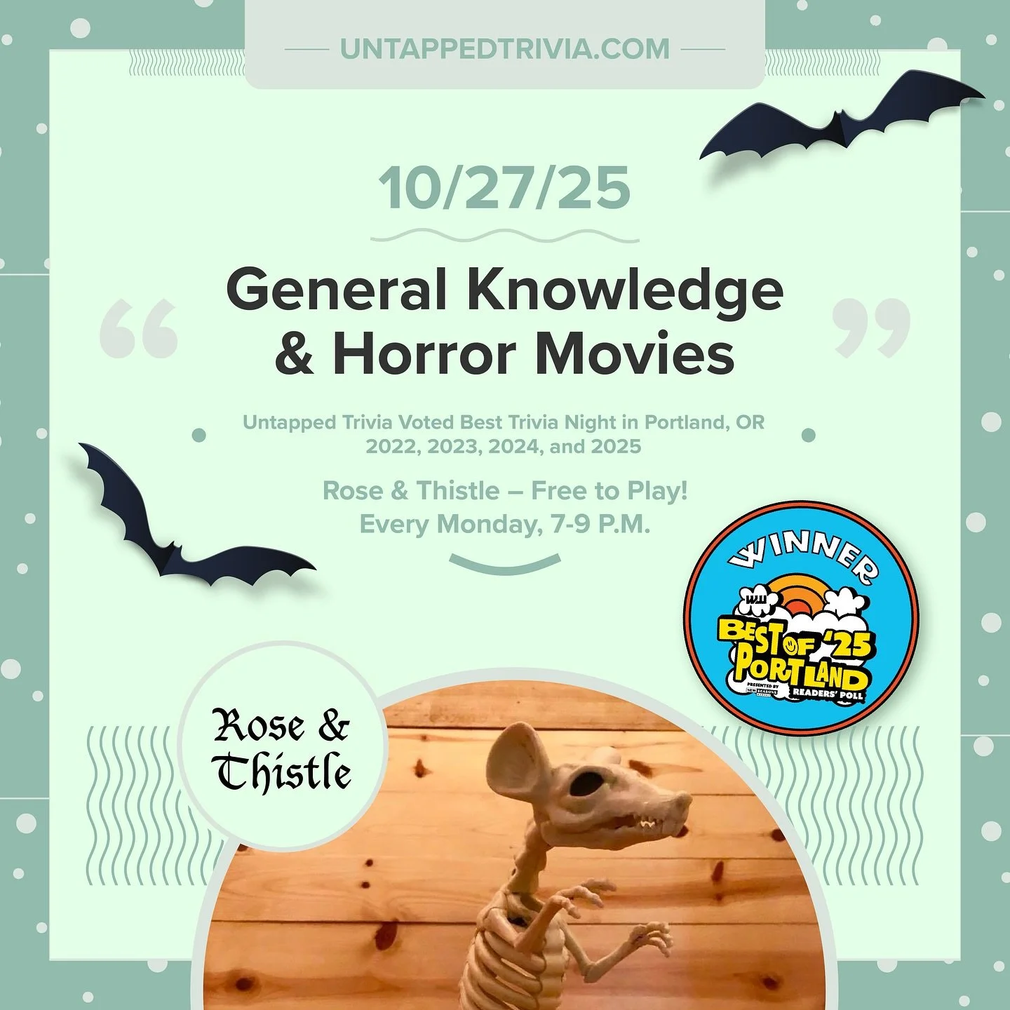 On Tap for 10/27/25 &mdash; Free to play @untappedtrivia at @pdx_roseandthistle . The evening will include three rounds of general knowledge trivia and a spooky 👻 horror movie 🍿 round.
&hellip;
🎤 In-Person 7-9 p.m.: @untappedtrivia is always free 