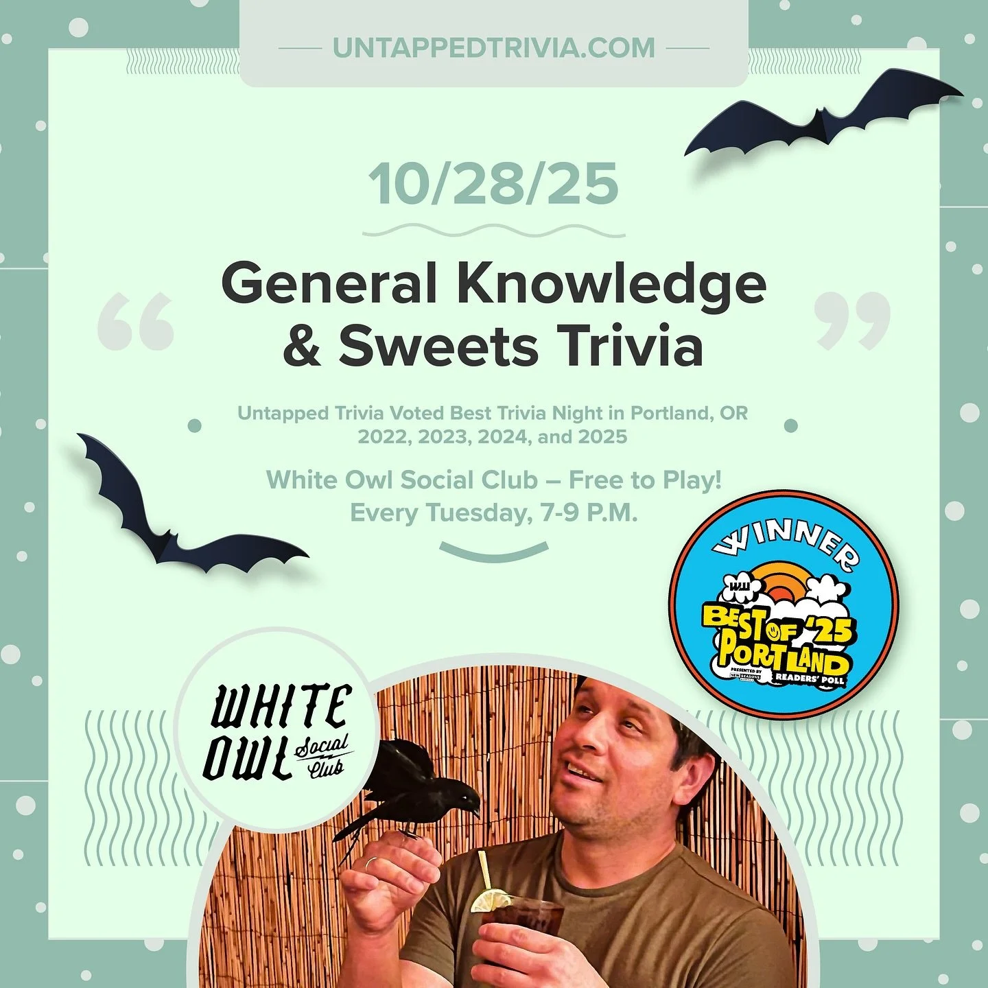 ๐ On Tap for 10/28/25 — Join @untappedtrivia at @whiteowlsocialclub for three rounds of general knowledge trivia and candy trivia round!
…
๐ค In-Person 7-9 p.m.: Free to play, with prizes for the top 3 teams! Indoor and outdoors seating