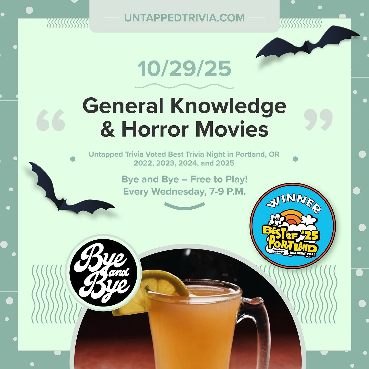 ๐ On Tap for 10/29/25 — Free @untappedtrivia Wednesday with prizes at @byeandbyeportland ! Vegan eats delicious drinks, and three general knowledge rounds and horror movie ๐ฟ round.
…
๐ค In-Person 7-9 p.m.: Free to play with prizes! Sea