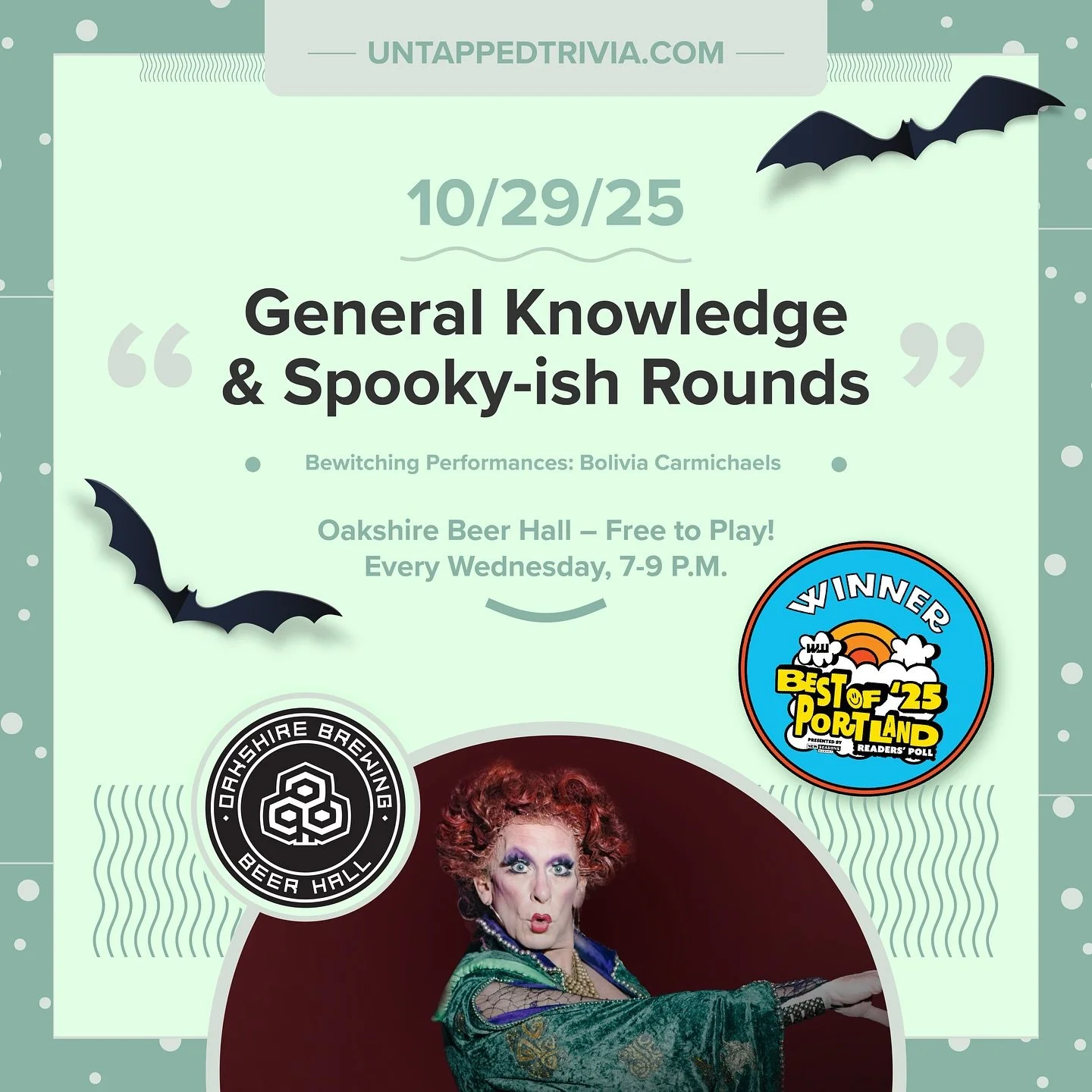 ๐ On Tap for 10/29/25 — @untappedtrivia gots General Knowledge and  Spooky-ish ๐ป trivia to haunt you this  Wednesdays at @oakbrewpdx with performances by @boliviacarmichaels . Prizes for 4 teams, delicious eats, craft beers, cider, wine, and