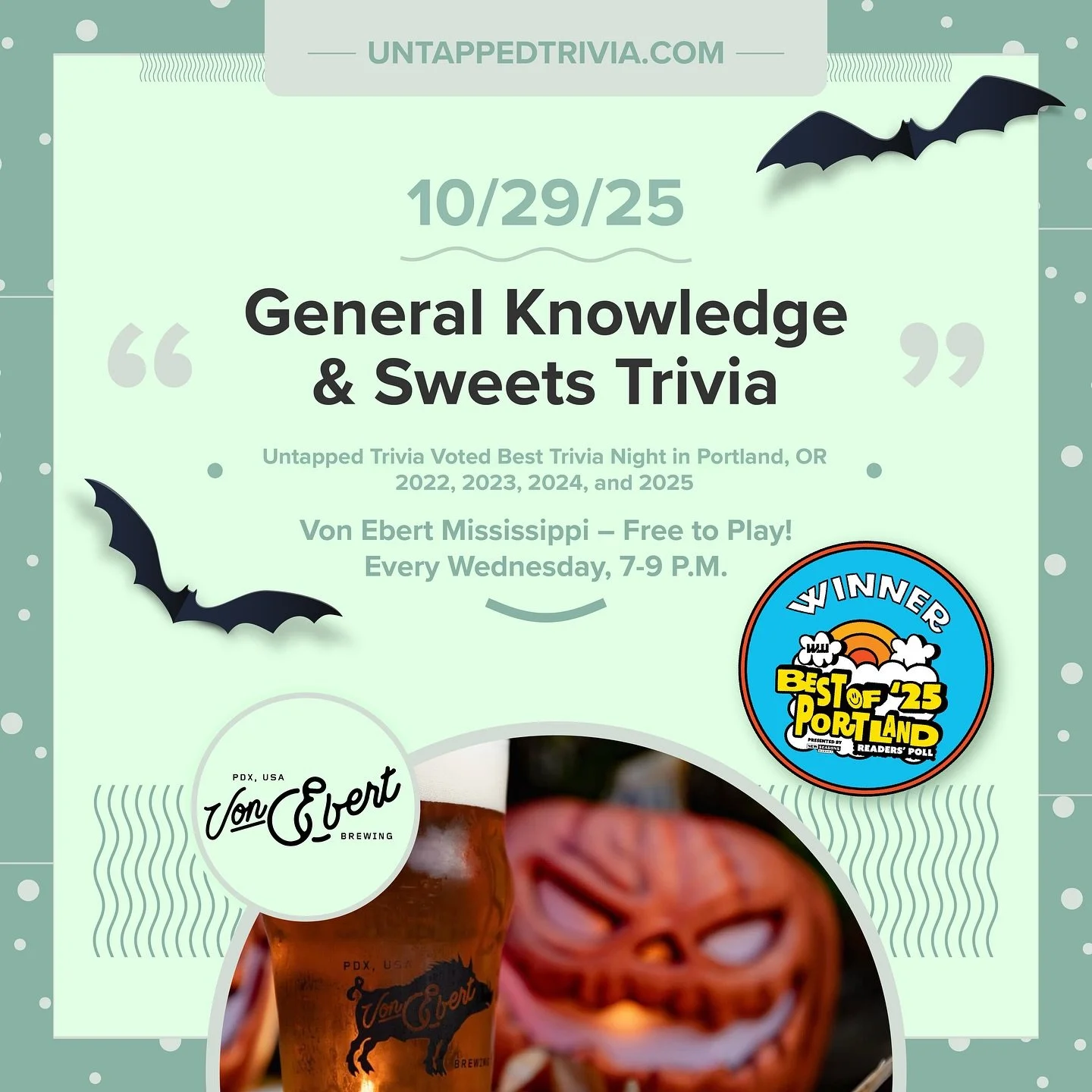 π On Tap for 10/29/25 — Join us for special treats (sweets/candy round), two general rounds, and audio round. Free trivia with prizes at @vebrewing on Mississippi Street! Enjoy Award-winning beers on 12+ taps, 4 rounds of trivia, and special t