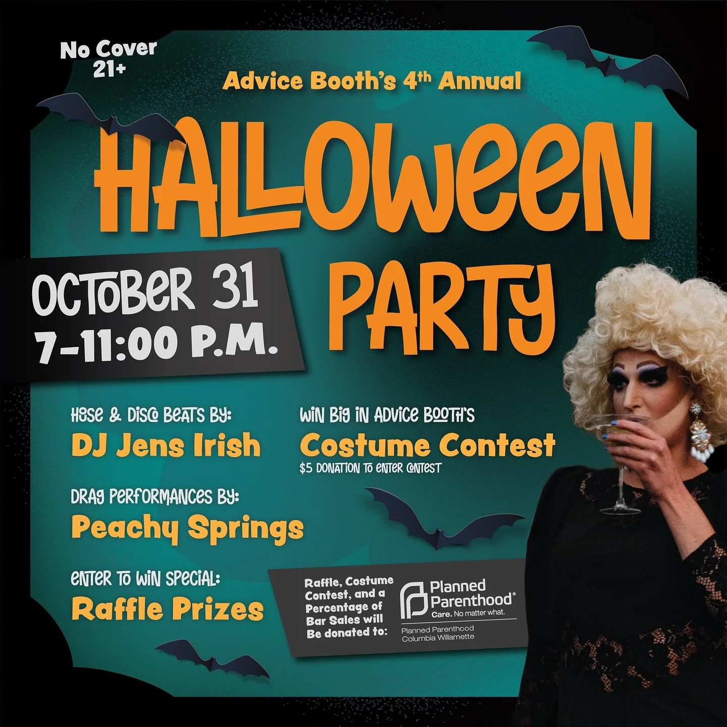 π»π¦π Join us “All Hallows’ Eve,” at @adviceboothpdx to party for @planned_parenthood_cw !! NO cover, hot, humpy, and spooky house/disco beats by the incredible DJ @thecolorsthecolors , haunting drag performances by @peachy_springs