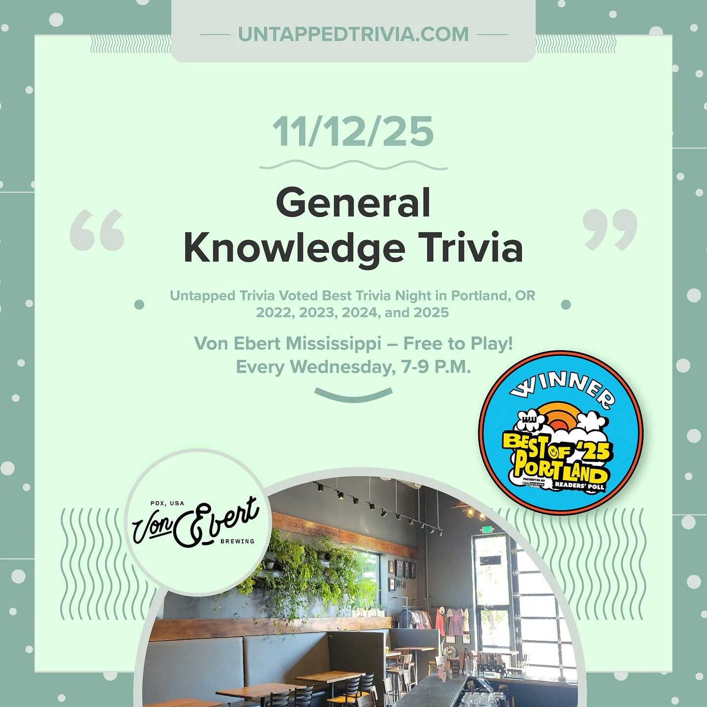 On Tap for 11/12/25 &mdash; Join us tonight for free @untappedtrivia with prizes at @vebrewing on Mississippi Street! Enjoy Award-winning beers on 12+ taps, 4 rounds of trivia with prizes.
&hellip;
🎤 In-Person 7-9 p.m.: Free to play with prizes! Sea