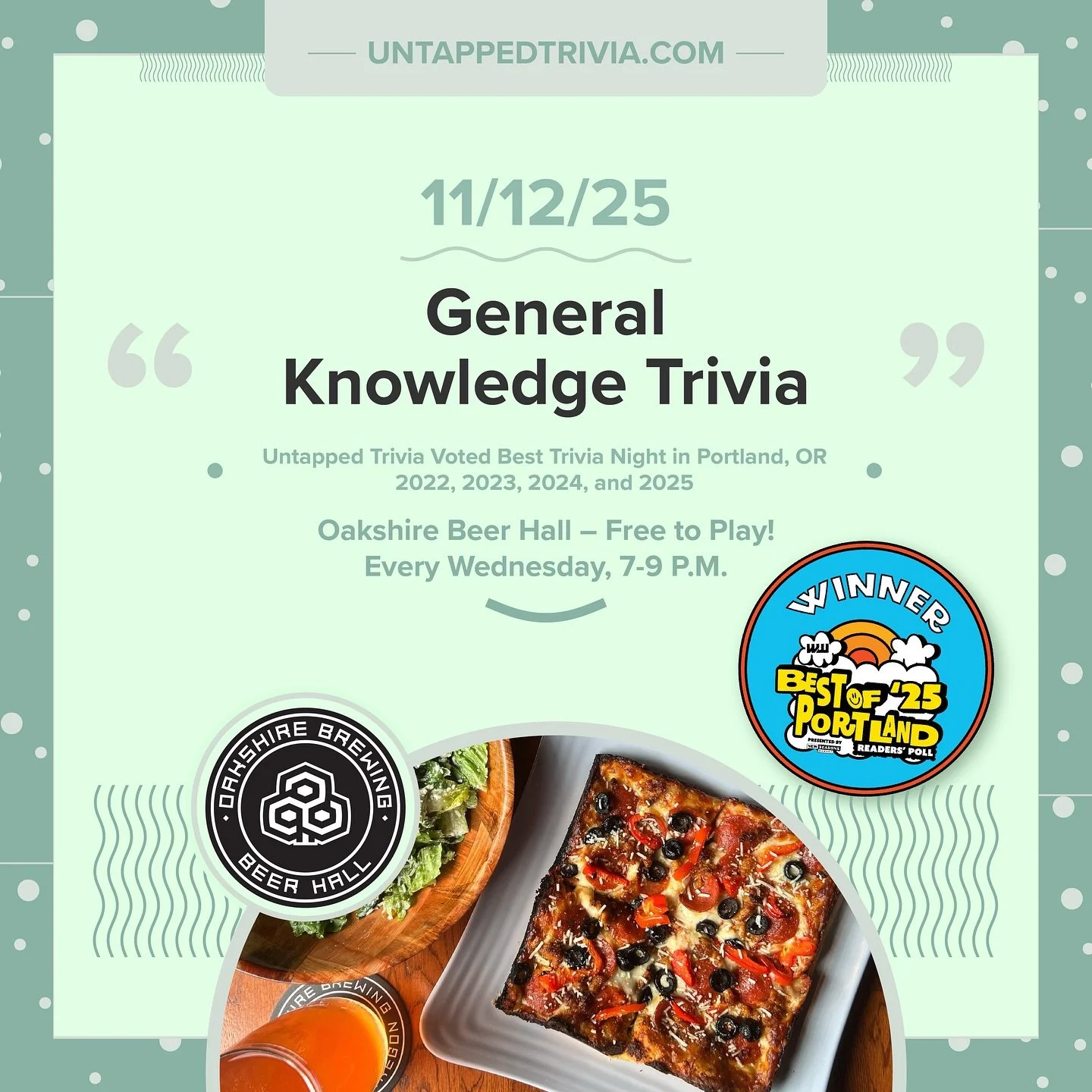 On Tap for 11/12/25 &mdash; Free Trivia Every Wednesdays at @oakbrewpdx with prizes, delicious eats, craft beers, cider, wine, and @sureshotburger ! Four rounds of trivia with audio round.
&hellip;
🎤 In-Person 7-9 p.m.: Free to play with prizes! Use