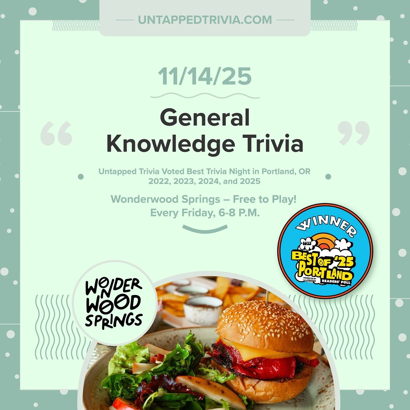 On Tap for 11/14/25 &mdash; Friday Trivia at @wonderwoodsprings four rounds (with audio round)!! Soft serve, local brews, and delicious eats! Prizes for the top 3 teams and extra prizes by @beesandbeanspdx every Friday!!
&hellip;
🎤 In-Person 6-8 p.m