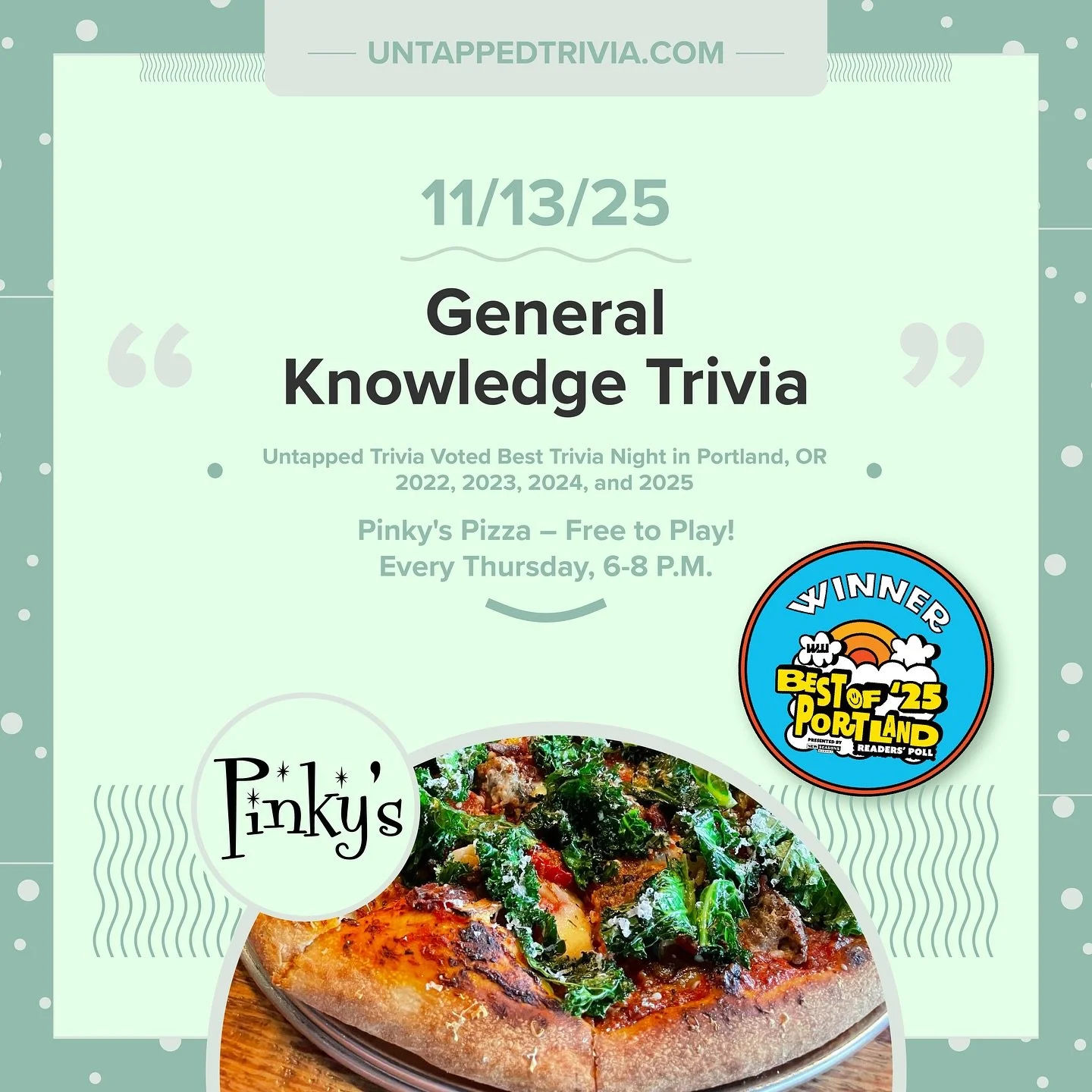 On Tap for 11/14/25 &mdash; Thirsty Thursday? Pizza? Salads? All the above&hellip; join us at @pinkys.pizza for free @untappedtrivia . Four rounds, with audio round, and prizes. Pizza, cocktails, whiskey, and amazing local brews!
&hellip;
🎤 In-Perso