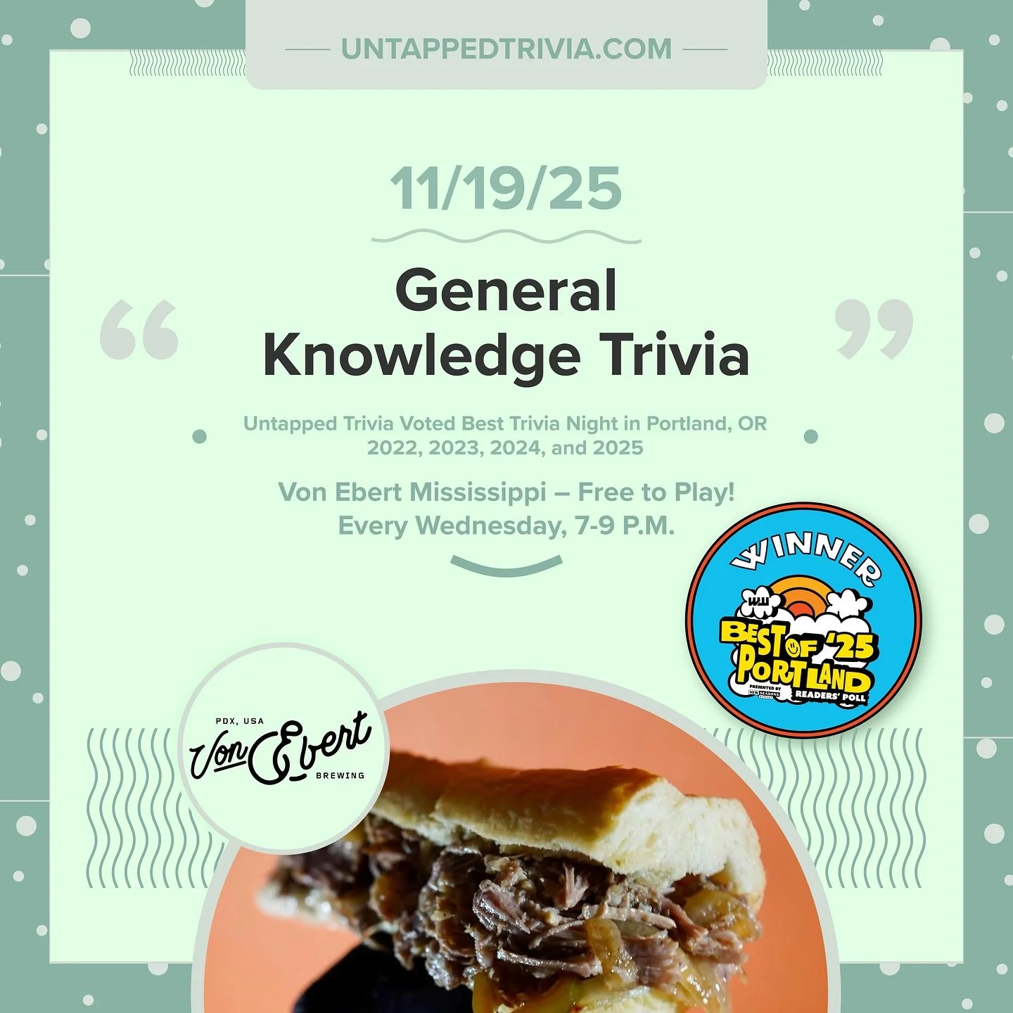 On Tap for 11/19/25 &mdash; Join us tonight for free @untappedtrivia with prizes at @vebrewing on Mississippi Street! Enjoy Award-winning beers on 12+ taps, 4 rounds of trivia with prizes. Food by the amazing @williamsgoodsandwich come early for grub
