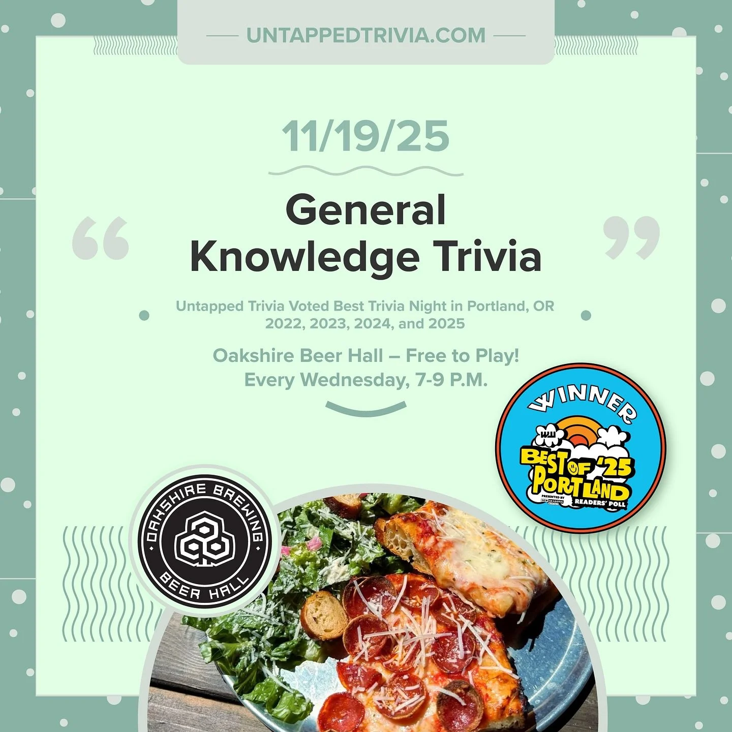 On Tap for 11/19/25 &mdash; Free Trivia Every Wednesdays at @oakbrewpdx with prizes, delicious eats, craft beers, cider, wine, and @sureshotburger ! Four rounds of trivia with audio round.
&hellip;
🎤 In-Person 7-9 p.m.: Free to play with prizes! Use