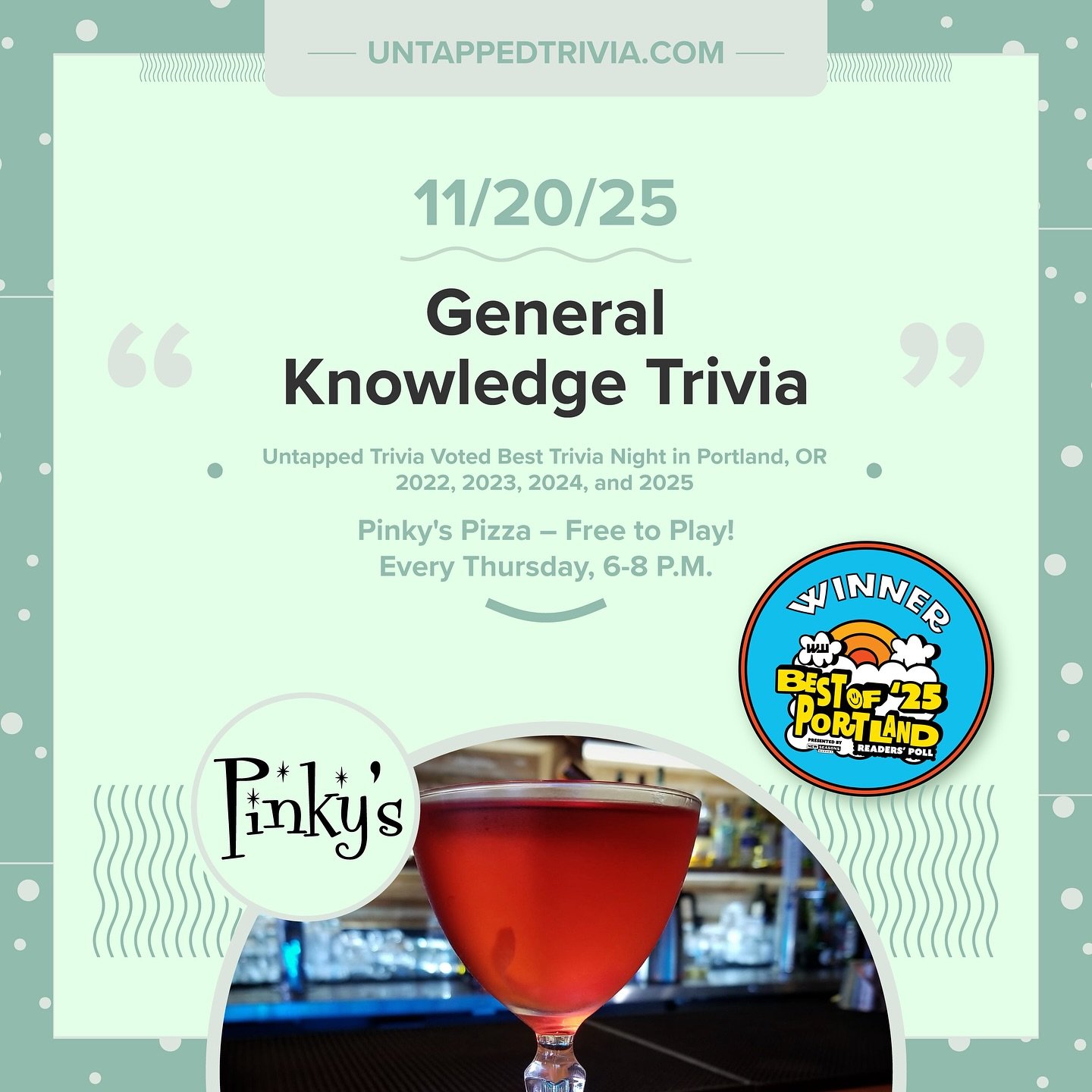 On Tap for 11/20/25 &mdash; Thirsty Thursday? Pizza? Salads? All the above&hellip; join us at @pinkys.pizza for free @untappedtrivia . Four rounds, with audio round, and prizes. Pizza, cocktails, whiskey, and amazing local brews!
&hellip;
🎤 In-Perso