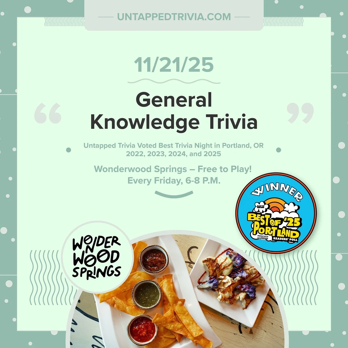 On Tap for 11/21/25 &mdash; Friday Trivia at @wonderwoodsprings four rounds (with audio round)!! Soft serve, local brews, and delicious eats! Prizes for the top 3 teams and extra prizes by @beesandbeanspdx every Friday!!
&hellip;
🎤 In-Person 6-8 p.m