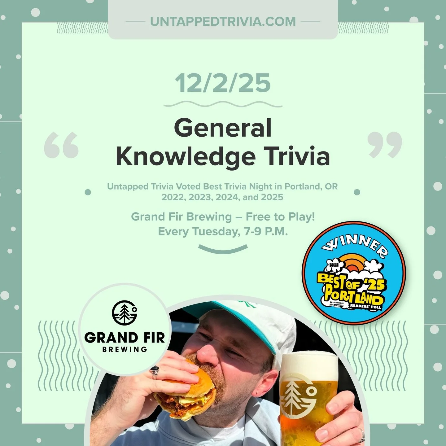 On Tap for 12/2/25 &mdash; Join us at @grandfirbrewing the night will include four rounds of trivia, picture, and music round. Prizes, damn tasty eats, cocktails, and beer 🍻 
&hellip;
🎤 In-Person 7-9 p.m.: @untappedtrivia is always free to play wit