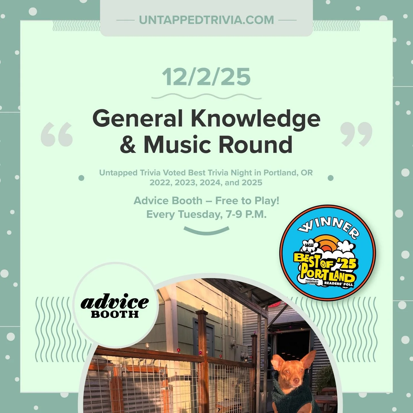 On Tap for 12/2/25 &mdash; Free Tuesday Trivia and Taco Tuesday at @adviceboothpdx , 7-9 p.m. Four rounds of trivia with an audio with another &ldquo;dream&rdquo; theme let&rsquo;s just say it&rsquo;s even dreamer 😴 (dream lyrics, title, and so on.)