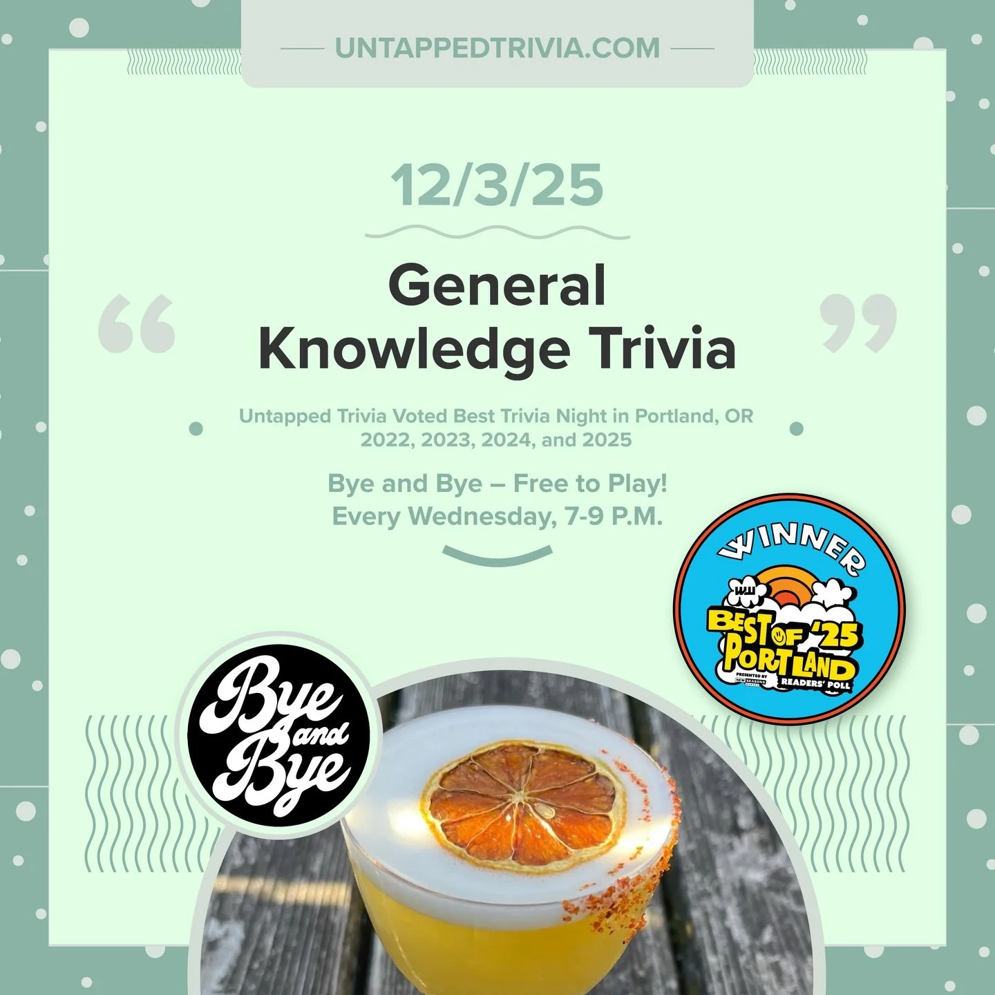 On Tap for 12/3/25 &mdash; Free @untappedtrivia Wednesday with prizes at @byeandbyeportland ! Vegan eats delicious drinks, and 4 rounds of trivia!
&hellip;
🎤 In-Person 7-9 p.m.: Free to play with prizes! Seating available indoors or outdoors on the 