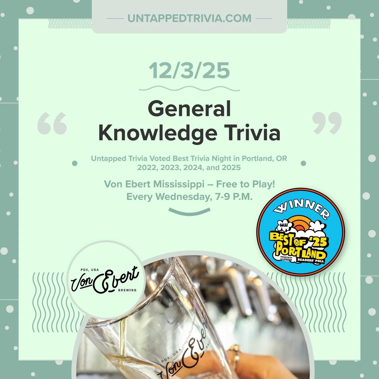 On Tap for 12/3/25 &mdash; Free trivia Wednesday with prizes at @vebrewing on Mississippi Street! Enjoy Award-winning beers on 12+ taps, 4 rounds of trivia with prizes.
&hellip;
🎤 In-Person 7-9 p.m.: Free to play with prizes! Seating available indoo