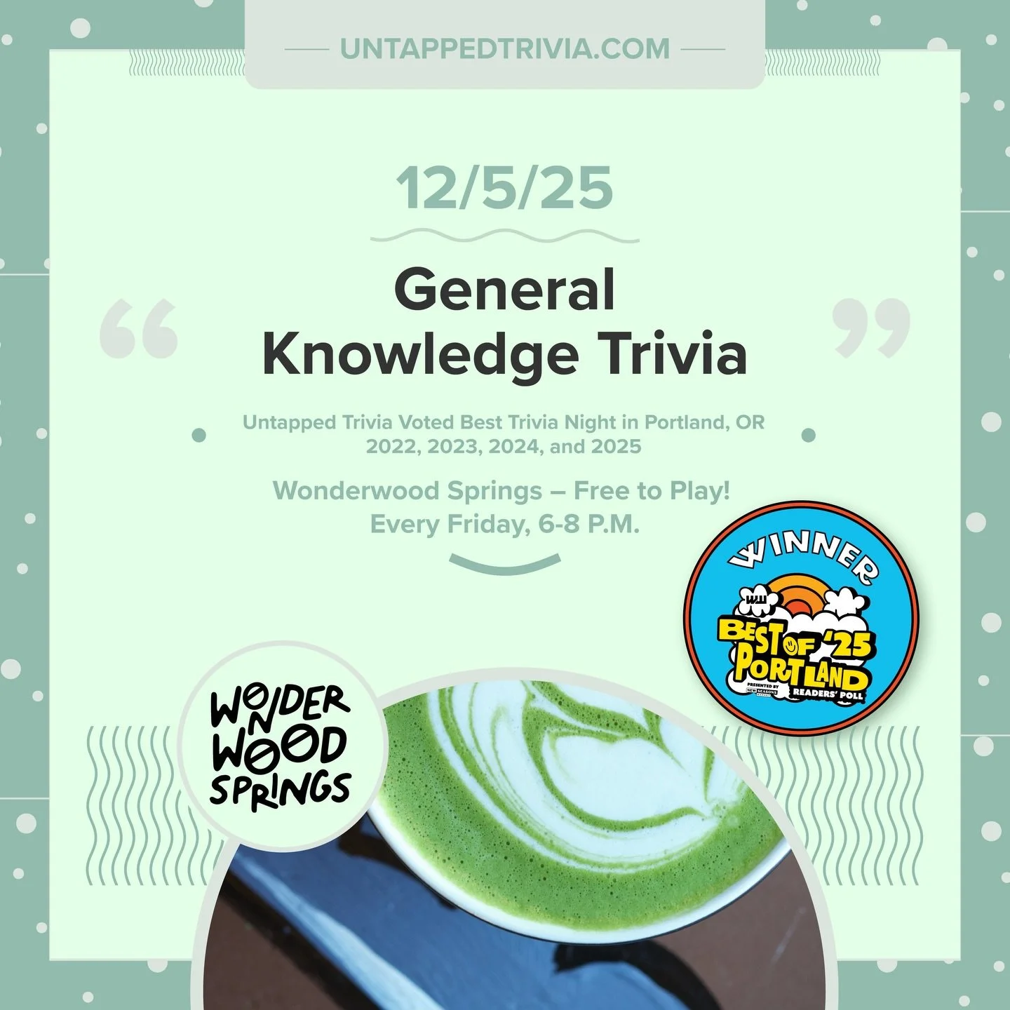 On Tap for 12/5/25 &mdash; Friday Trivia at @wonderwoodsprings four rounds (with audio round)!! Soft serve, local brews, and delicious eats! Prizes for the top 3 teams and extra prizes by @beesandbeanspdx every Friday!!
&hellip;
🎤 In-Person 6-8 p.m.