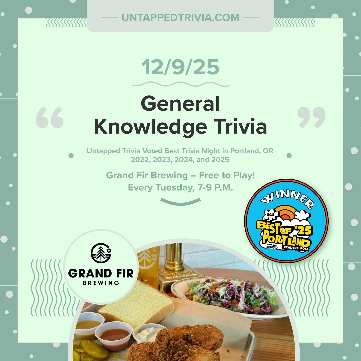 On Tap for 12/9/25 &mdash; Join us at @grandfirbrewing the night will include four rounds of trivia, picture, and music round. Prizes, damn tasty eats, cocktails, and beer 🍻 
&hellip;
🎤 In-Person 7-9 p.m.: @untappedtrivia is always free to play wit