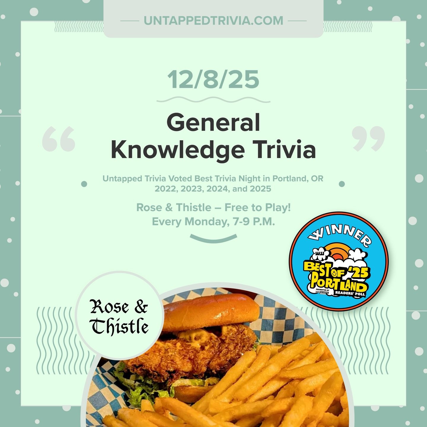On Tap for 12/8/25 &mdash; Free to play @untappedtrivia at @pdx_roseandthistle . The evening will include four rounds of trivia.
&hellip;
🎤 In-Person 7-9 p.m.: @untappedtrivia is always free to play with prizes for the top 3 teams!
...
@pdx_roseandt