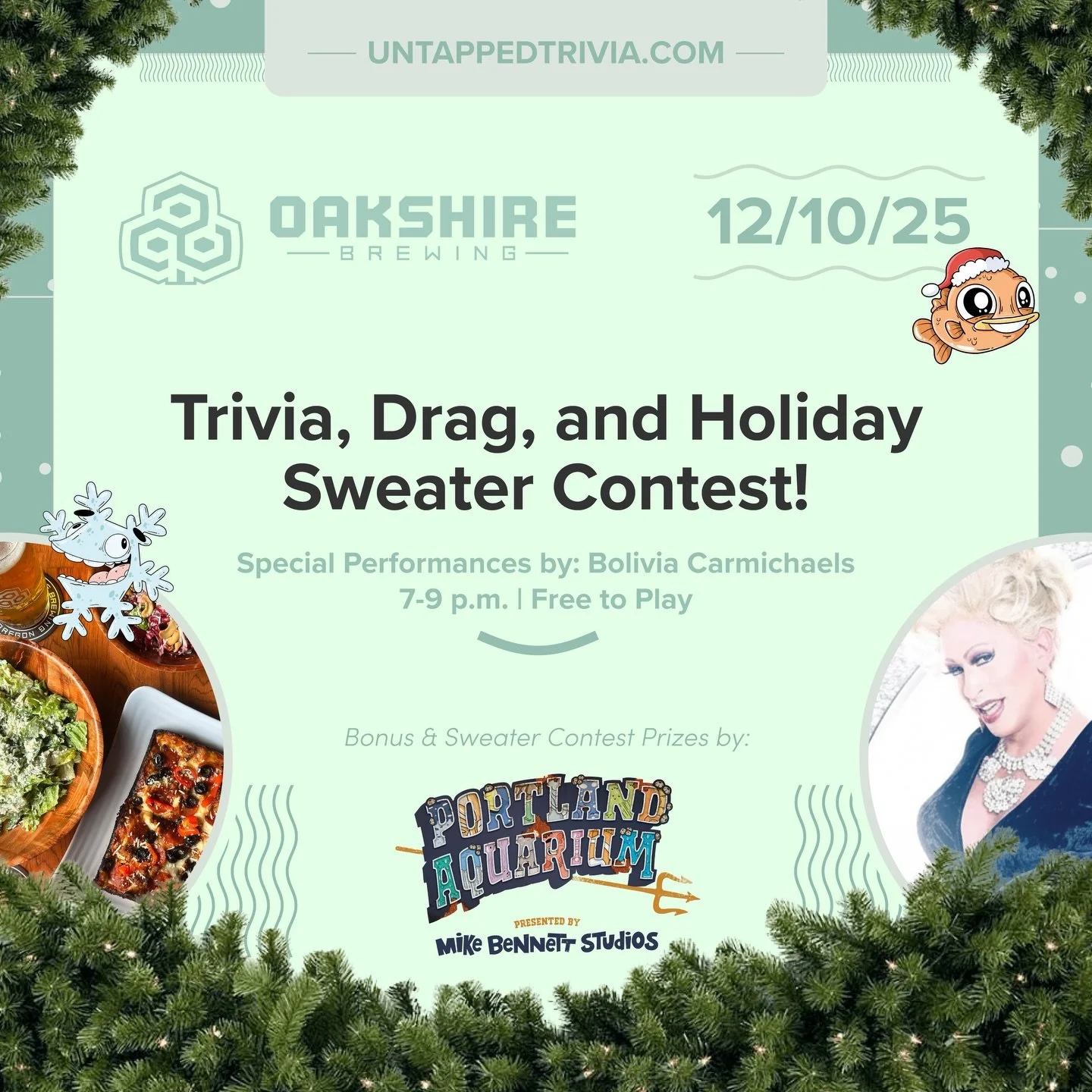 On Tap for 12/10/25 &mdash; Free Trivia, Drag Show, Holiday Sweater Contest and more at @oakbrewpdx with prizes, delicious eats, craft beers, cider, wine, and @sureshotburger ! Four rounds of trivia with audio round. To include general knowledge and 