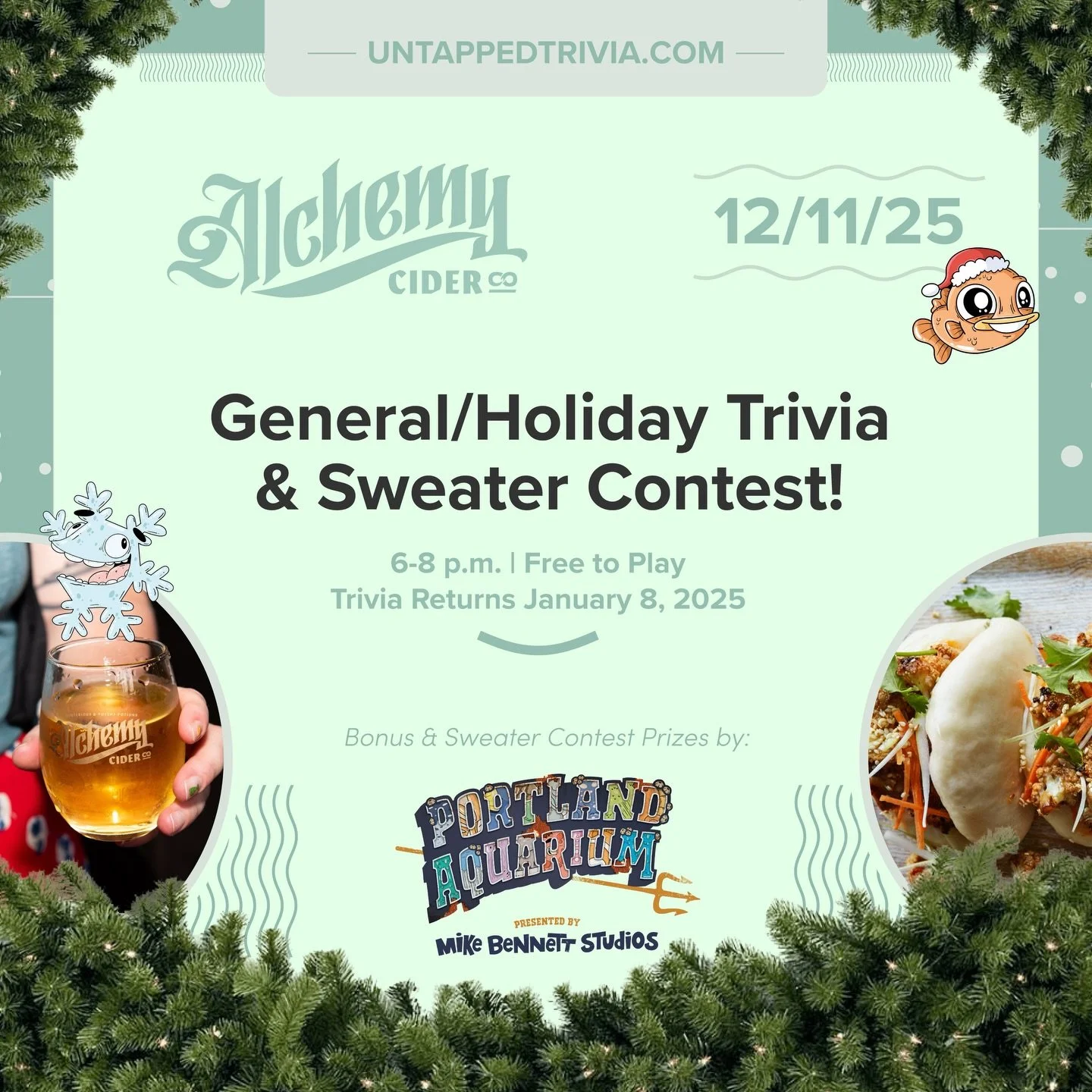 On Tap for 12/11/25 &mdash; Free trivia 2nd and 4th Thursdays at @alchemycider , 4 rounds of trivia to include general knowledge and holiday movie audio round. Yummy eats by @breaking_buns !! Ugly/Tacky or Fabulous Sweaty Sweater Contest Prizes by @t