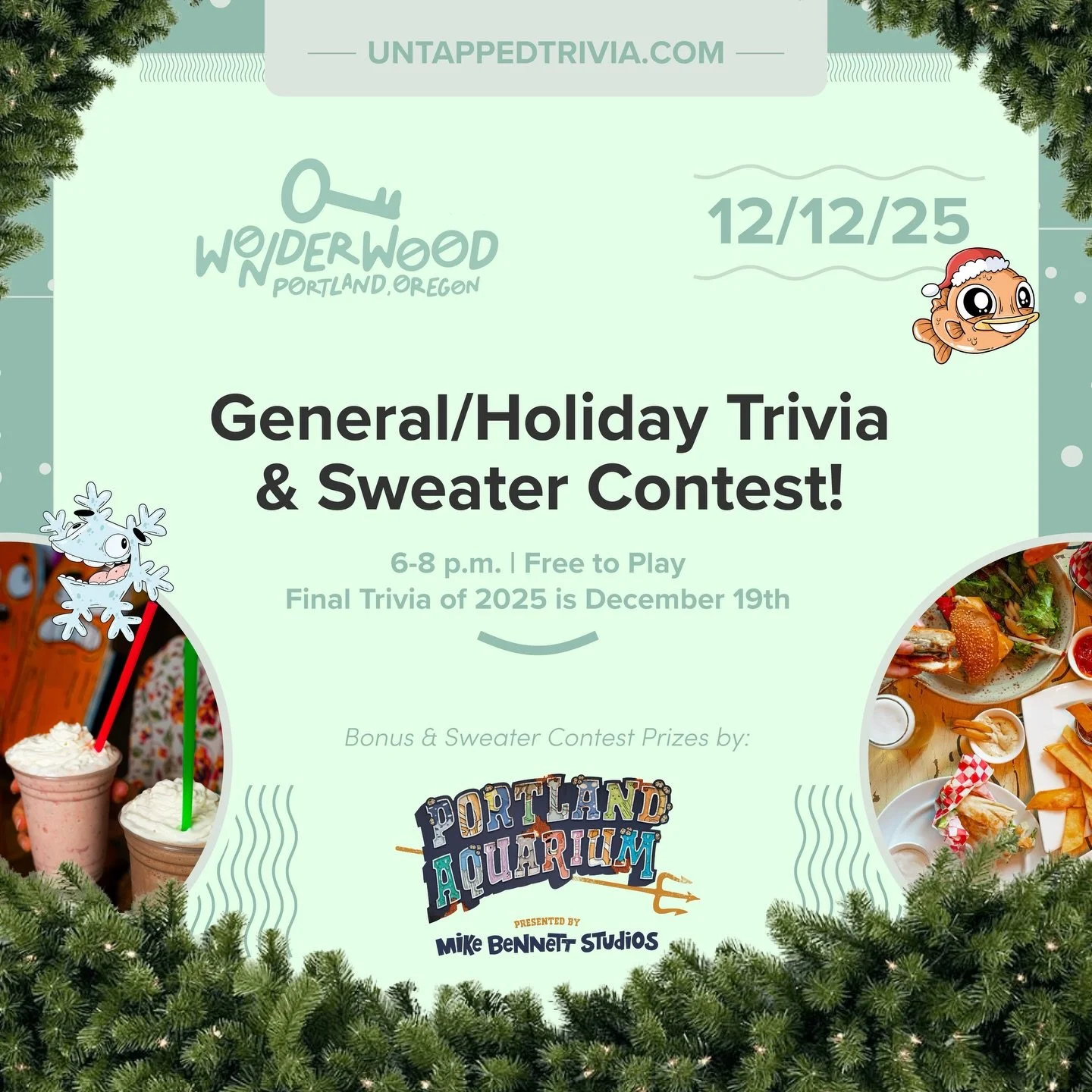 On Tap for 12/12/25 &mdash; Friday Trivia at @wonderwoodsprings four rounds of free general knowledge trivia with some fun holiday questions!! Come dressed in your Holiday Sweater to win extra prizes from @theportlandaquarium &mdash; Soft serve, loca