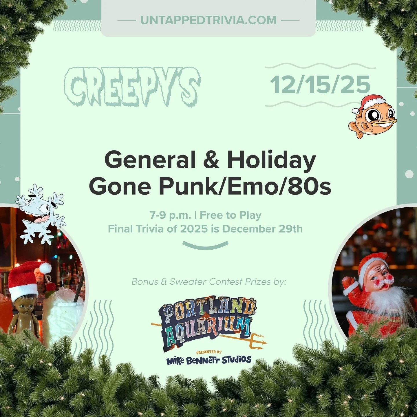 🤡 On Tap for 12/15/25 &mdash; Monday at @creepyspdx and @bingoburgerpdx free trivia&hellip; punk/emo audio round, 80s holiday movies like Gremlins, National Lampoons Christmas Vacation, and more). Prizes for the top 3 teams and one other team. Speci