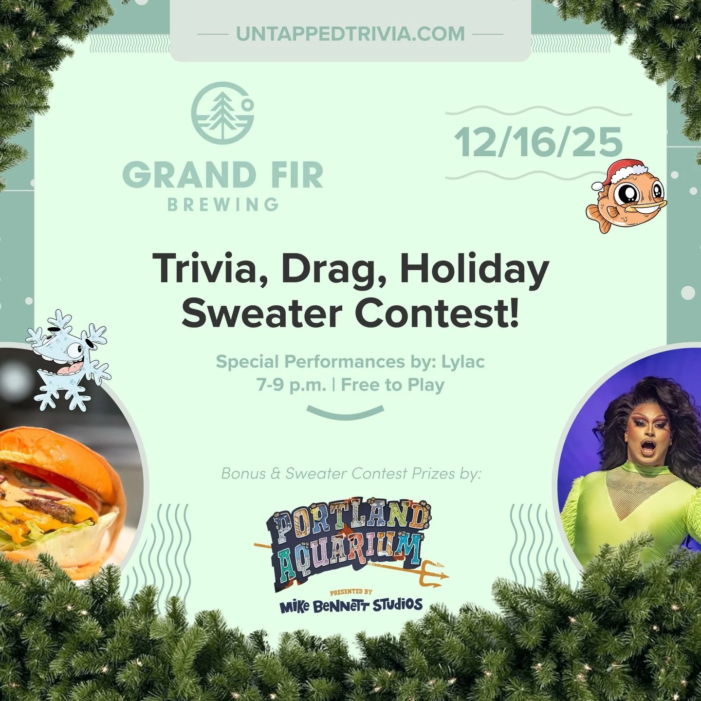 On Tap for 12/16/25 &mdash; Trivia, Drag, Holiday Sweater Competition! Tuesday at @grandfirbrewing . Prizes, damn tasty eats, cocktails, beer, free trivia, and drag performances by @lylacdoesdrag Bonus prizes by @theportlandaquarium 
&hellip;
🎤 In-P