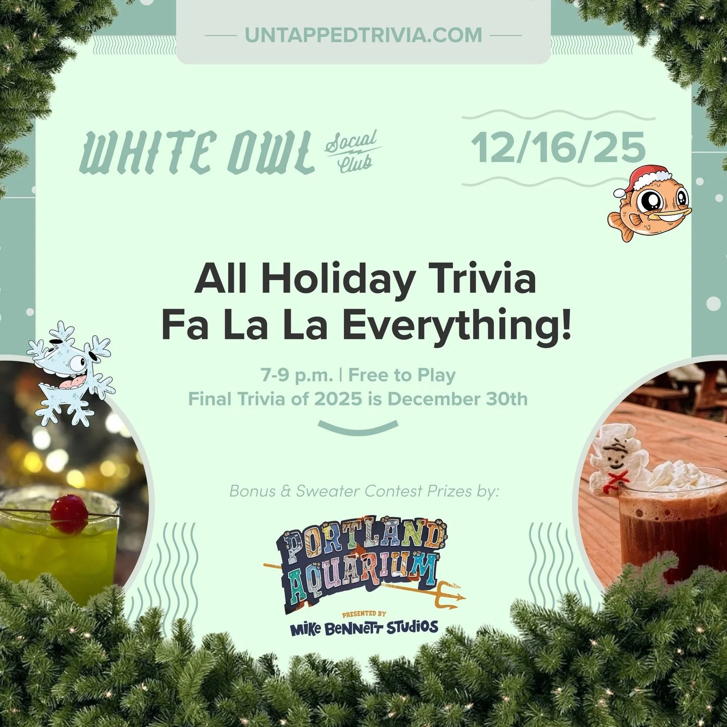 On Tap for 12/16/25 &mdash; Fa La La Everything! It&rsquo;s an all-decked out Christmas and Holiday trivia night at @whiteowlsocialclub !! That&rsquo;s right all theme questions! 
&hellip;
🎤 In-Person 7-9 p.m.: Free to play, with prizes for the top 