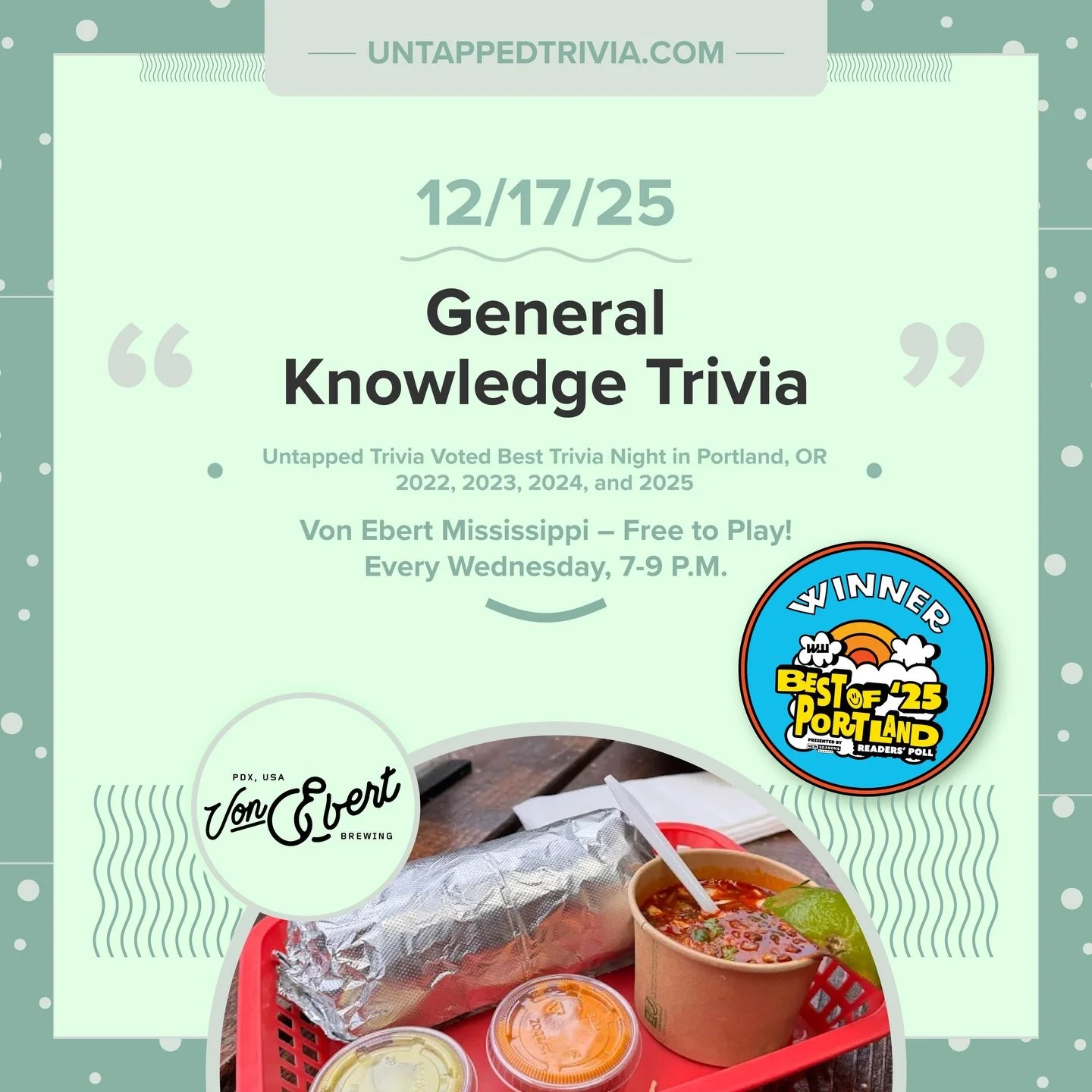 On Tap for 12/17/25 &mdash; It&rsquo;s our final free trivia Wednesday of 2025 with prizes at @vebrewing on Mississippi Street! Enjoy Award-winning beers on 12+ taps, 4 rounds of trivia with prizes. Come early and enjoy some yummy @tehuanaoaxpdx 
&he