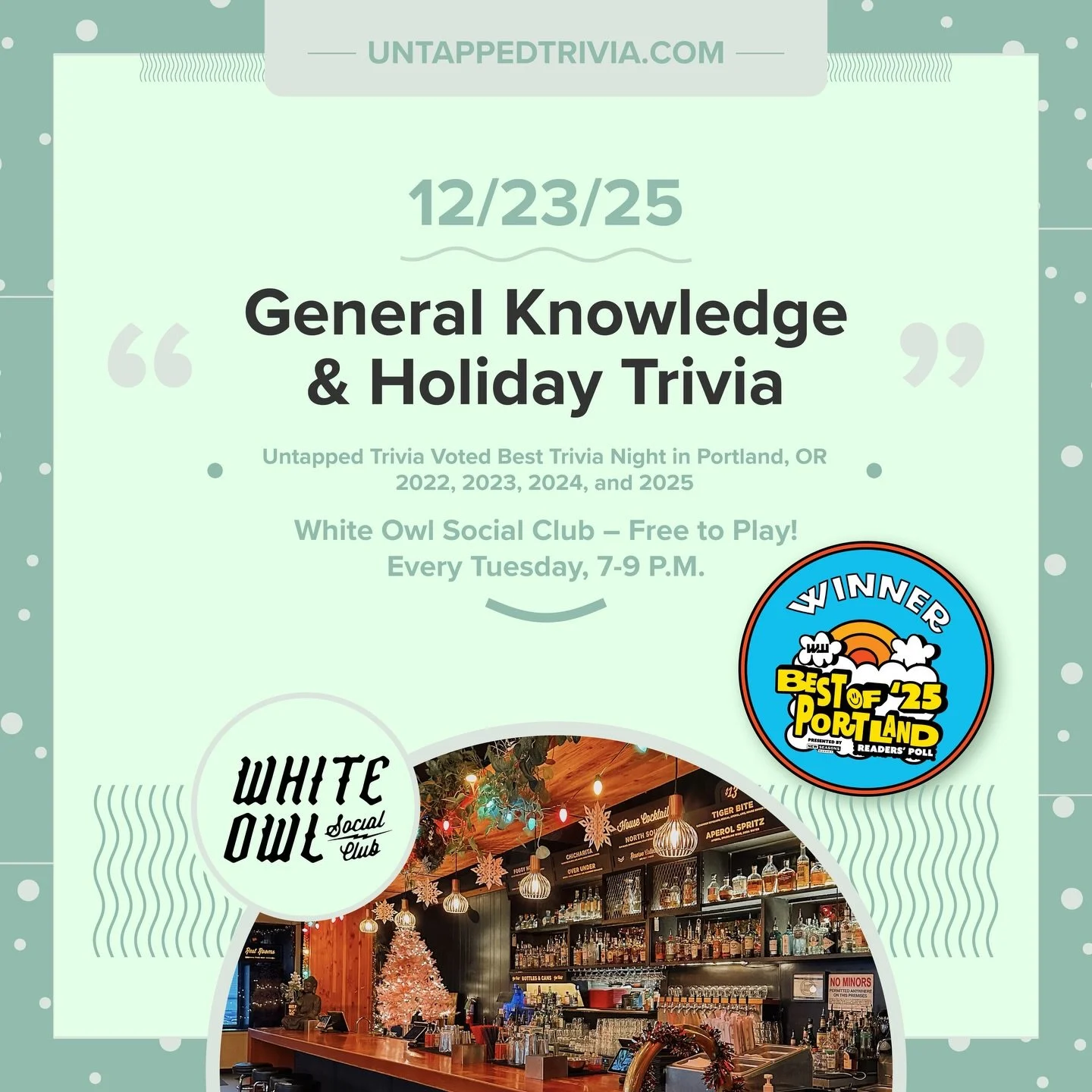On Tap for 12/23/25 &mdash; Join @untappedtrivia at @whiteowlsocialclub for four rounds with a &ldquo;holiday&rdquo; round.
&hellip;
🎤 In-Person 7-9 p.m.: Free to play, with prizes for the top 3 teams! Indoor and outdoors seating.
...
@whiteowlsocia