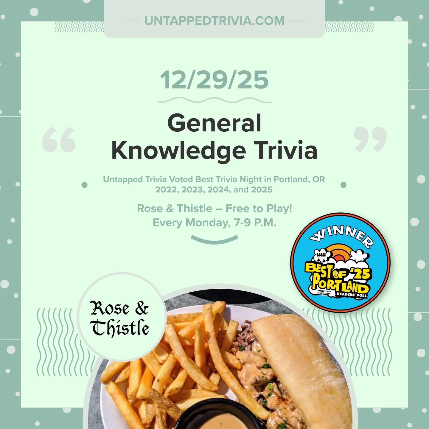 On Tap for 12/29/25 &mdash; Free to play @untappedtrivia at @pdx_roseandthistle . The evening will include four rounds of trivia!
&hellip;
🎤 In-Person 7-9 p.m.: @untappedtrivia is always free to play with prizes for the top 3 teams!
...
@pdx_roseand