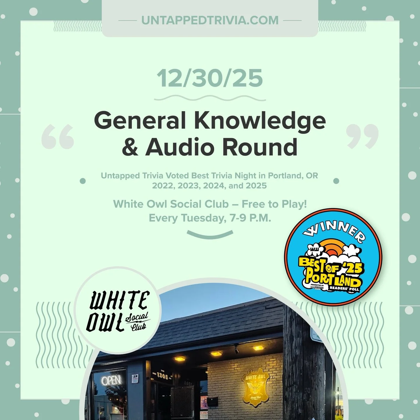 On Tap for 12/30/25 &mdash; Join @untappedtrivia at @whiteowlsocialclub for four rounds with a music round.
&hellip;
🎤 In-Person 7-9 p.m.: Free to play, with prizes for the top 3 teams! Indoor and outdoors seating.
...
@whiteowlsocialclub is located