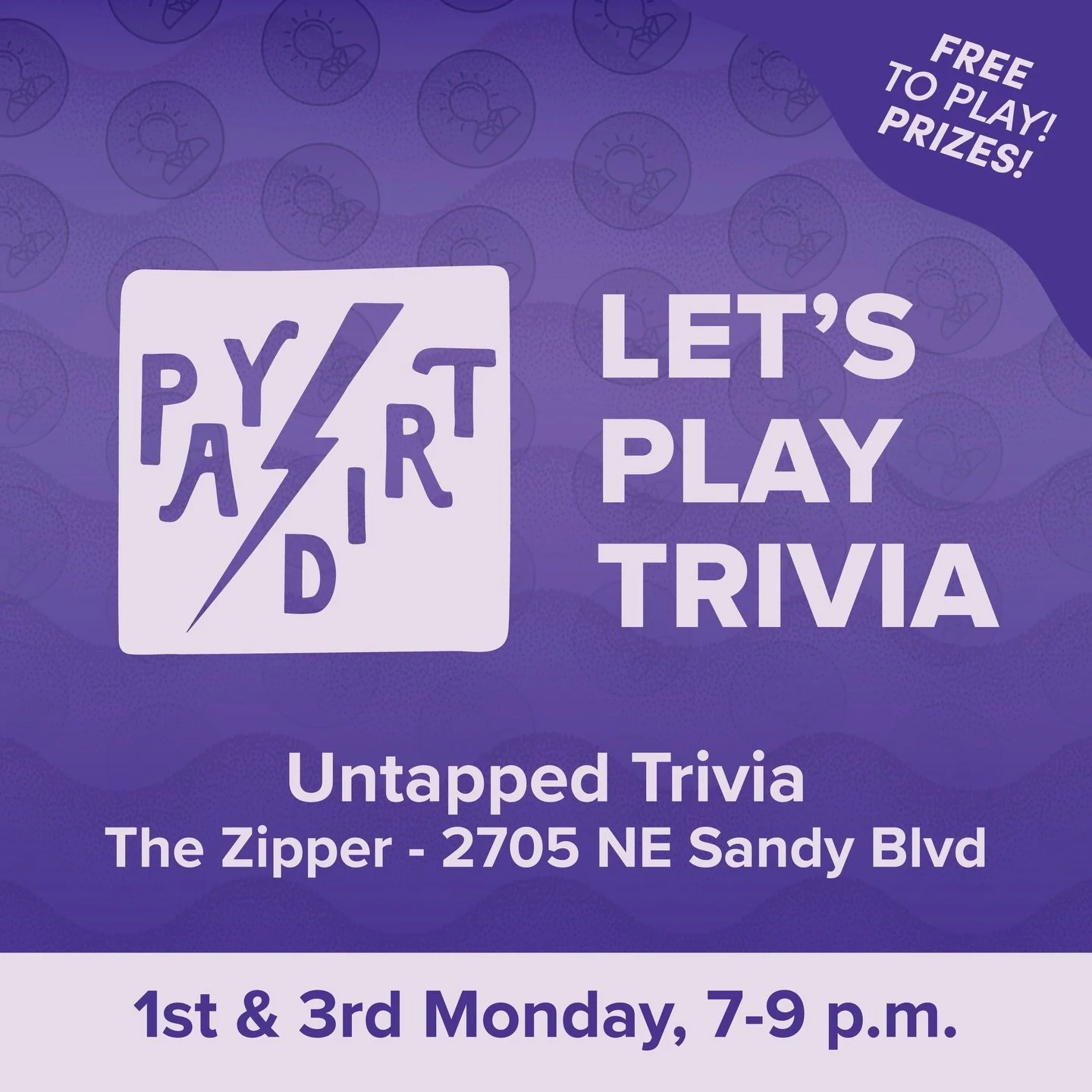 🥳🧠🧐 Free Trivia 1st &amp; 3rd Mondays: Gather your teams to eat, drink, and play bar trivia at Paydirt.

@paydirtbar is located at 2705 NE Sandy Blvd, Portland, OR 97232 inside the Zipper building on Sandy Boulevard in the northeast Portland part 