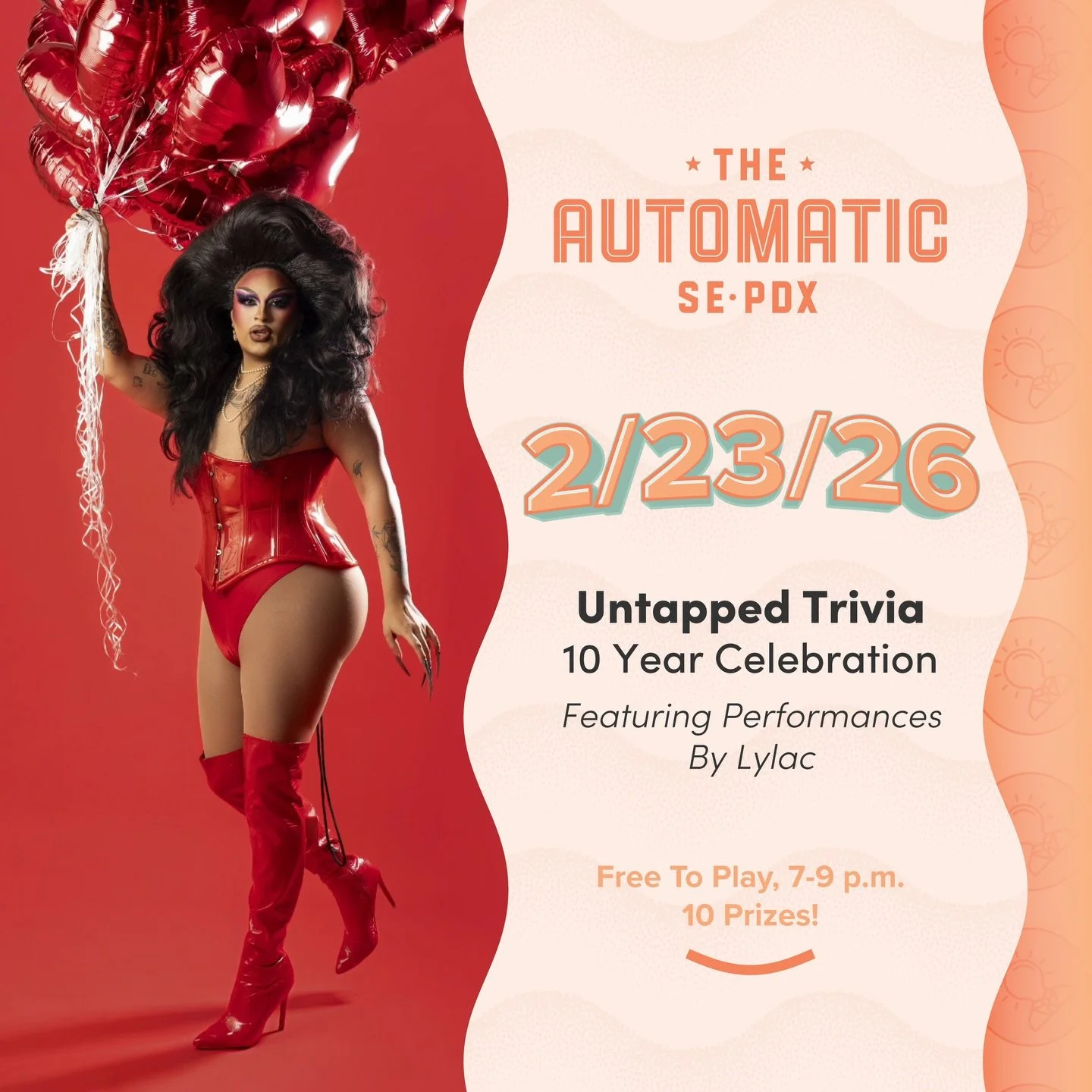 Don&rsquo;t miss our next 10-year celebration installment of trivia, 7-9 p.m. at the Automatic Bar Monday, February 23, 2026. Four rounds of trivia and fabulous drag performances by @lylacdoesdrag . Free to play with prizes for not just one, but ten 