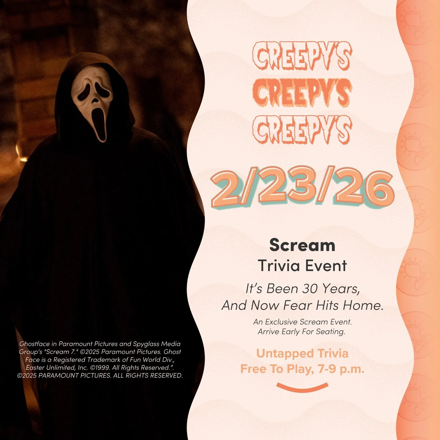 Do you like scary movies? Join @untappedtrivia for an exclusive Scream trivia event Monday, February 23rd at Creepy&rsquo;s Bar. It&rsquo;s been 30 years since the original release and now fear hits Portland as we turn back time to bring you a thrill