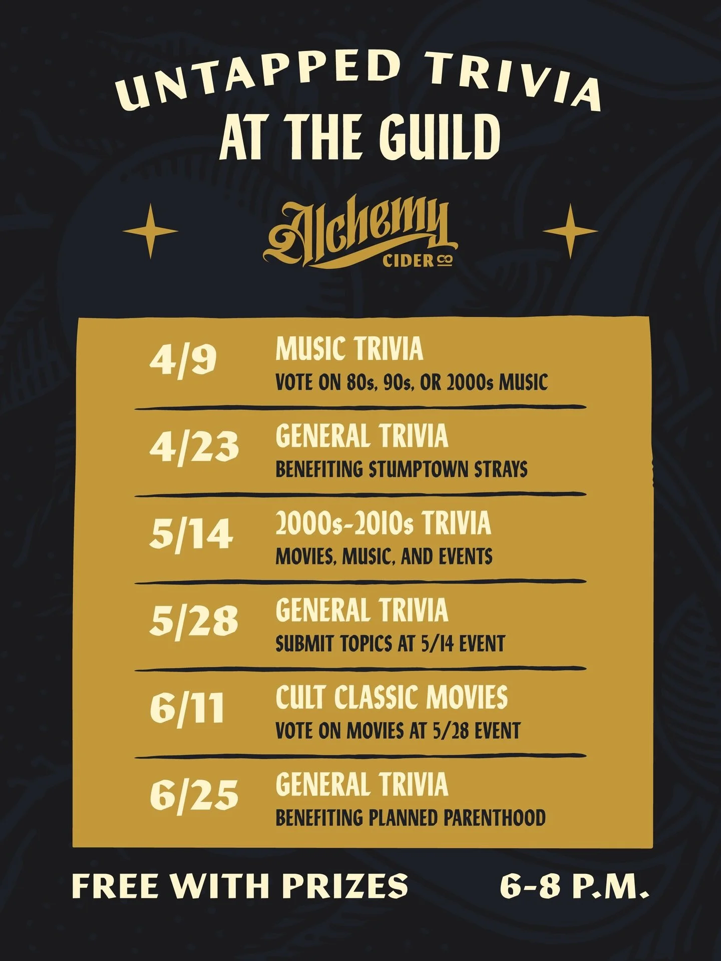🙌🍎 Spring/Summer trivia at Alchemy Cider. Join us for free @untappedtrivia , drag performances, and crushable ciders!

Trivia is every&nbsp; 2nd &amp; 4th Thursday, 6-8 p.m. at &ldquo;The Guild.&rdquo; Alchemy Ciders&rsquo; mystical taproom &amp; t