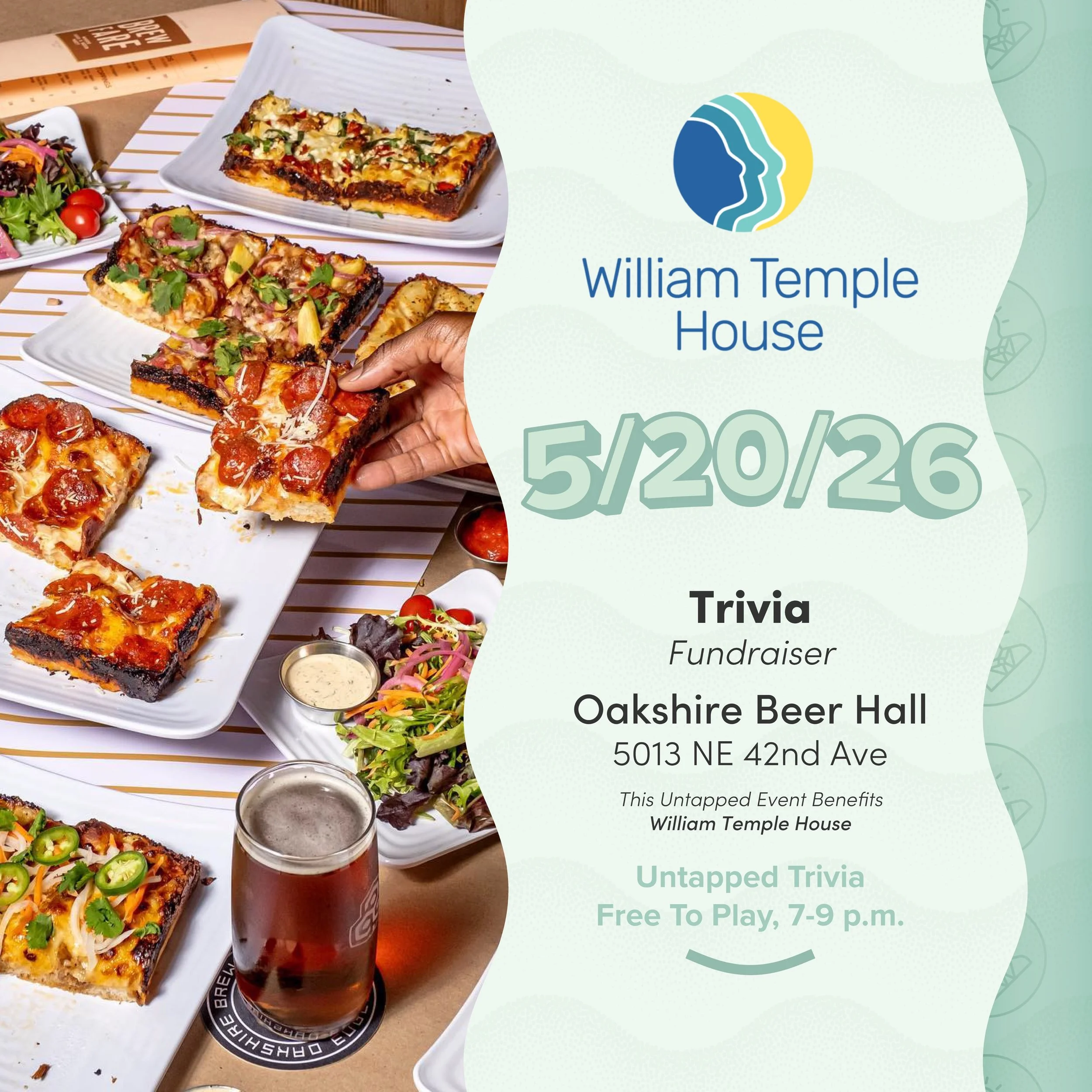 On Tap 5/20/26 &mdash; At Oakshire! Join us for Trivia, Pizza, Burgers, and to raise funds for William Temple House!! Wednesdays are so much yum 🤤 and so much fun 🤩 

Donations accepted for @williamtemplehouse during the event or with link in bio.
