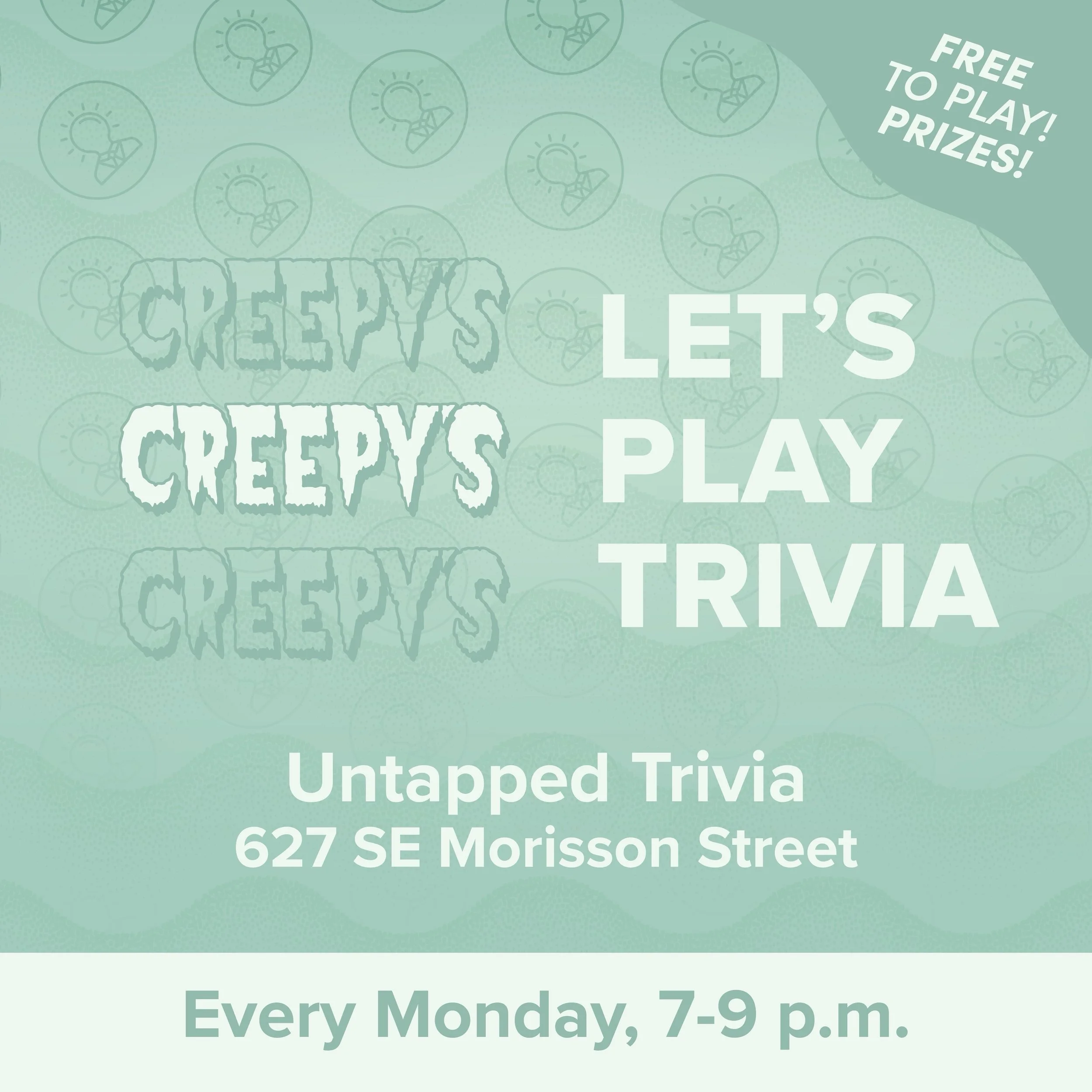 Free Trivia Mondays, 7-9 p.m. Eat, drink, and play bar trivia at Creepy&rsquo;s.

@creepyspdx&nbsp;is located at 627 SE Morisson Street Portland, OR 97214 in the Buckman neighborhood of Southeast Portland.

🔗 Use the link in our bio to learn more, a