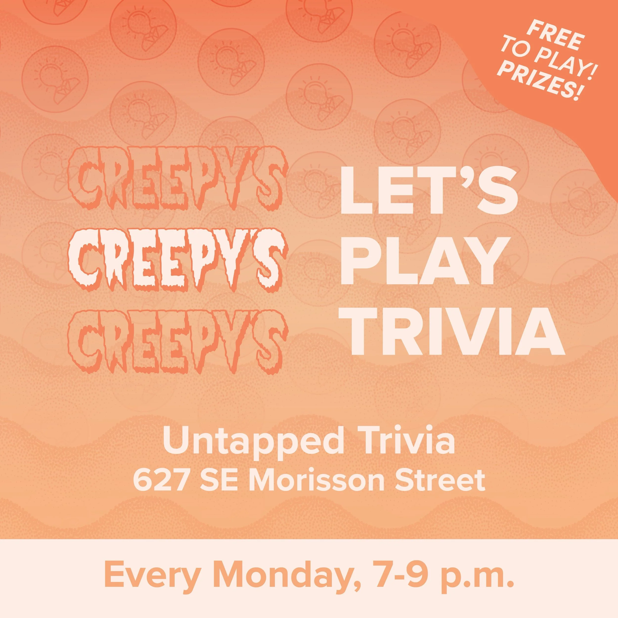 Free Trivia Mondays, 7-9 p.m. Eat, drink, and play bar trivia at Creepy&rsquo;s.

@creepyspdx&nbsp;is located at 627 SE Morisson Street Portland, OR 97214 in the Buckman neighborhood of Southeast Portland.

🔗 Use the link in our bio to learn more, a