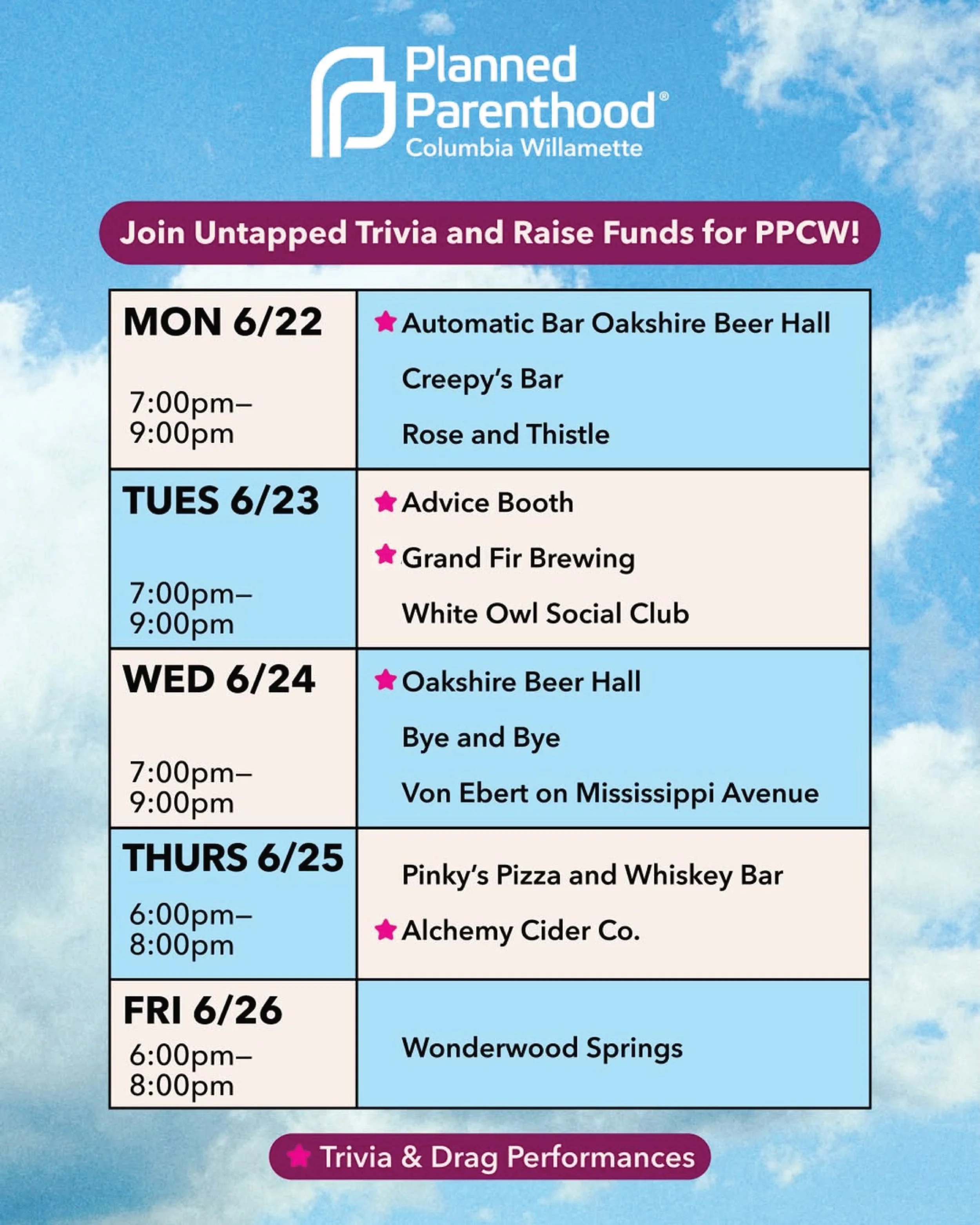 @untappedtrivia is thrilled to partner with
Planned Parenthood Columbia Willamette for a week of drag performances, trivia fun, and fundraising June 22-26, 2026. All events are free to play with donations accepted for PPCW.

Use the link in our bio t