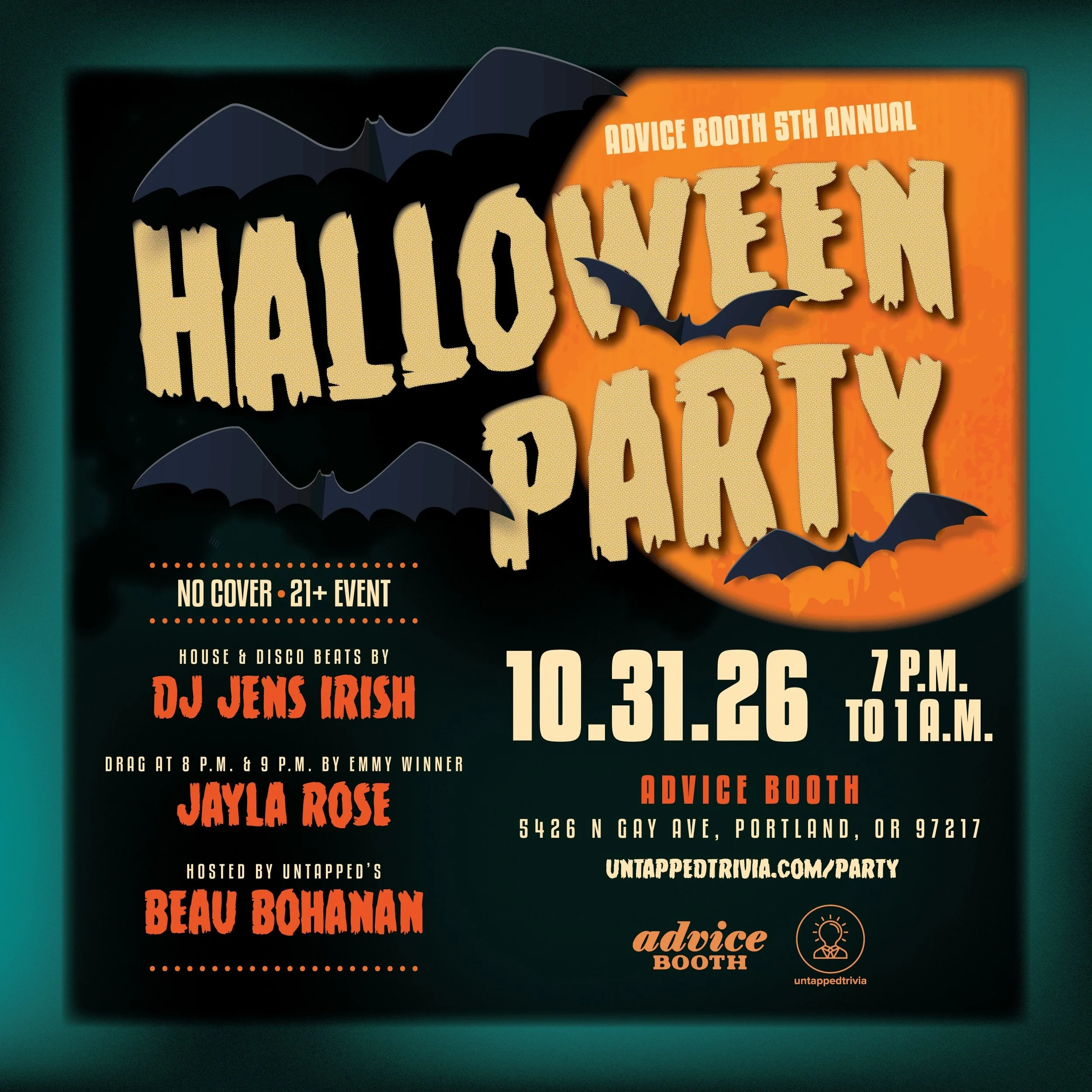 👻🦇🎃 5th annual &ldquo;All Hallows&rsquo; Eve&rdquo; dance party at Advice Booth! Featuring music by the incredible DJ Jens Irish aka @thecolorsthecolors spinning hot, humpy, and spooky house/disco beats all night; haunting drag performances by Emm