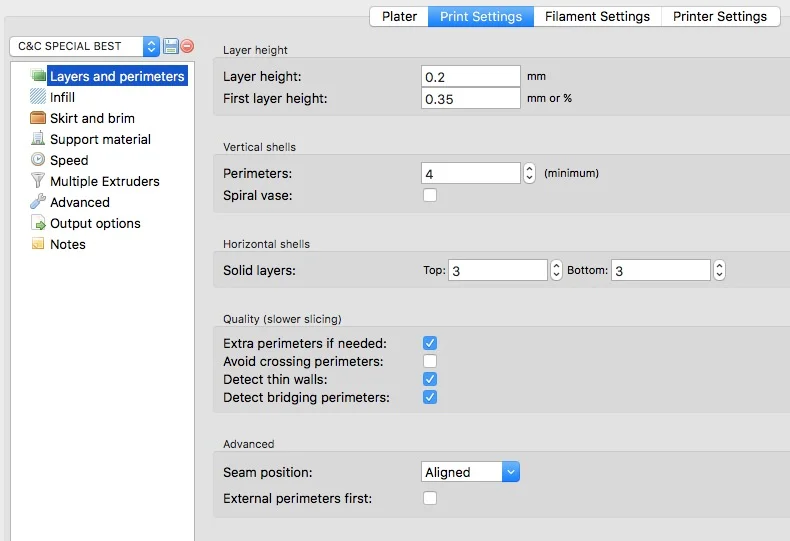 FIGURE #1 SCREENSHOT OF SLIC3R PROGRAM'S PRINT SETTINGS