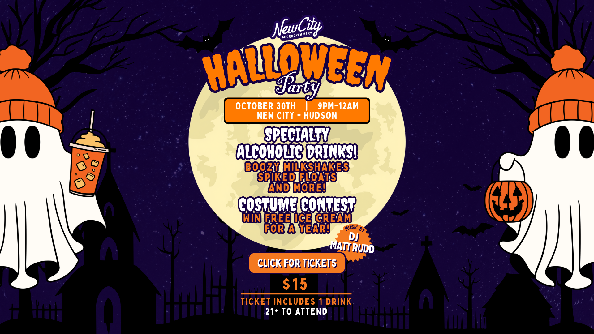 Halloween party flyer featuring cartoon skeletons wearing orange hats, a dark blue night sky with a large full moon, bats flying, and haunted house silhouettes. The event details are in orange and purple text, highlighting drinks, costume contest, an