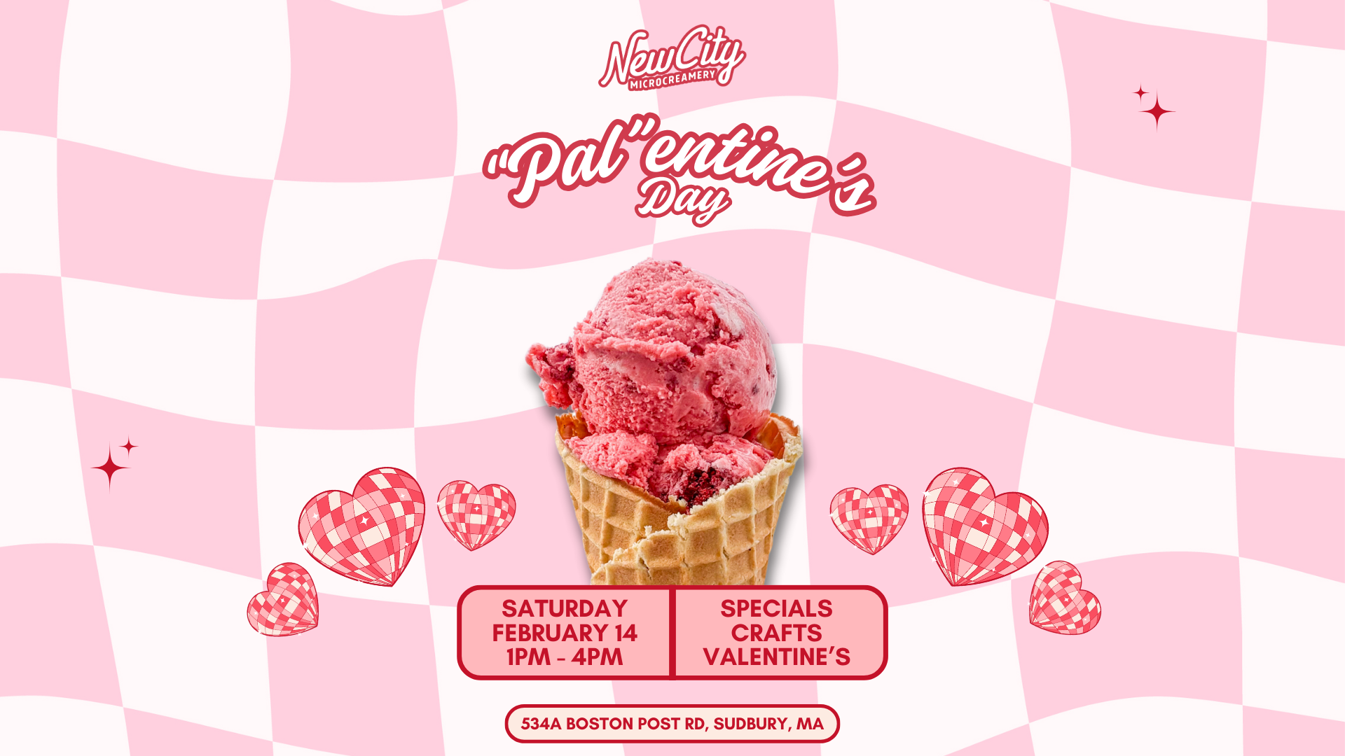 A graphic for New City Microcreamery's Valentine's Day event featuring a large scoop of pink strawberry ice cream in a waffle cone, set against a pink and white checkered background with red heart and star embellishments. The event details include da