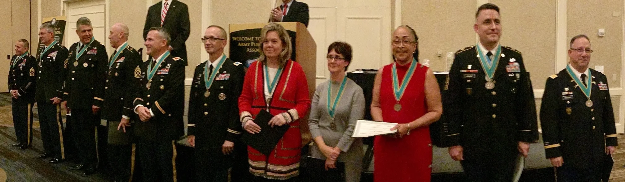 The first Public Affairs professionals to be honored with the Military Order of Saint Gabriel were inducted into its Ancient Order during the annual APAA Awards and Recognition Dinner in Alexandria, Virginia, Nov. 15, 2017 (not pictured: Col. Amy Hannah).